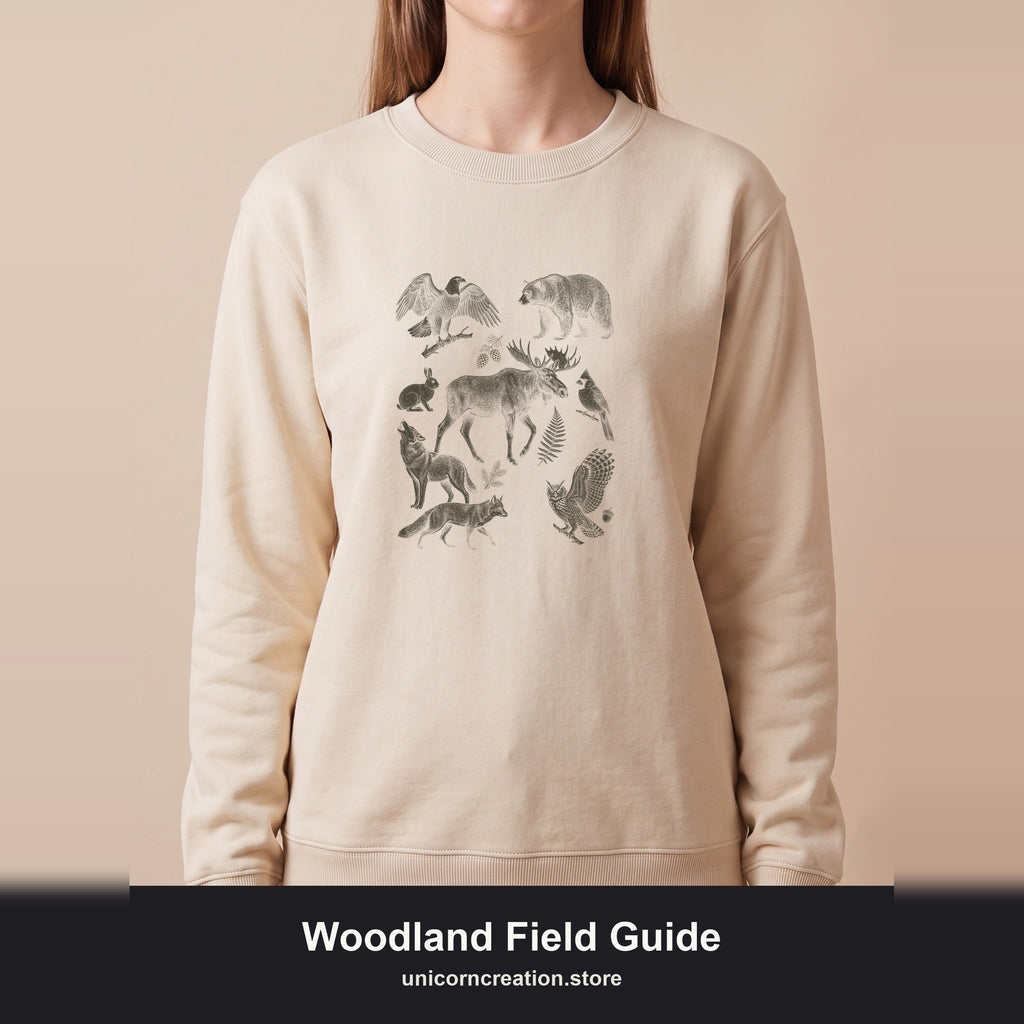 Woodland Field Guide Shirt, Forest Animals Etching Tee, Bear Wolf Moose Owl Nature Gift, Vintage Camping Sweatshirt