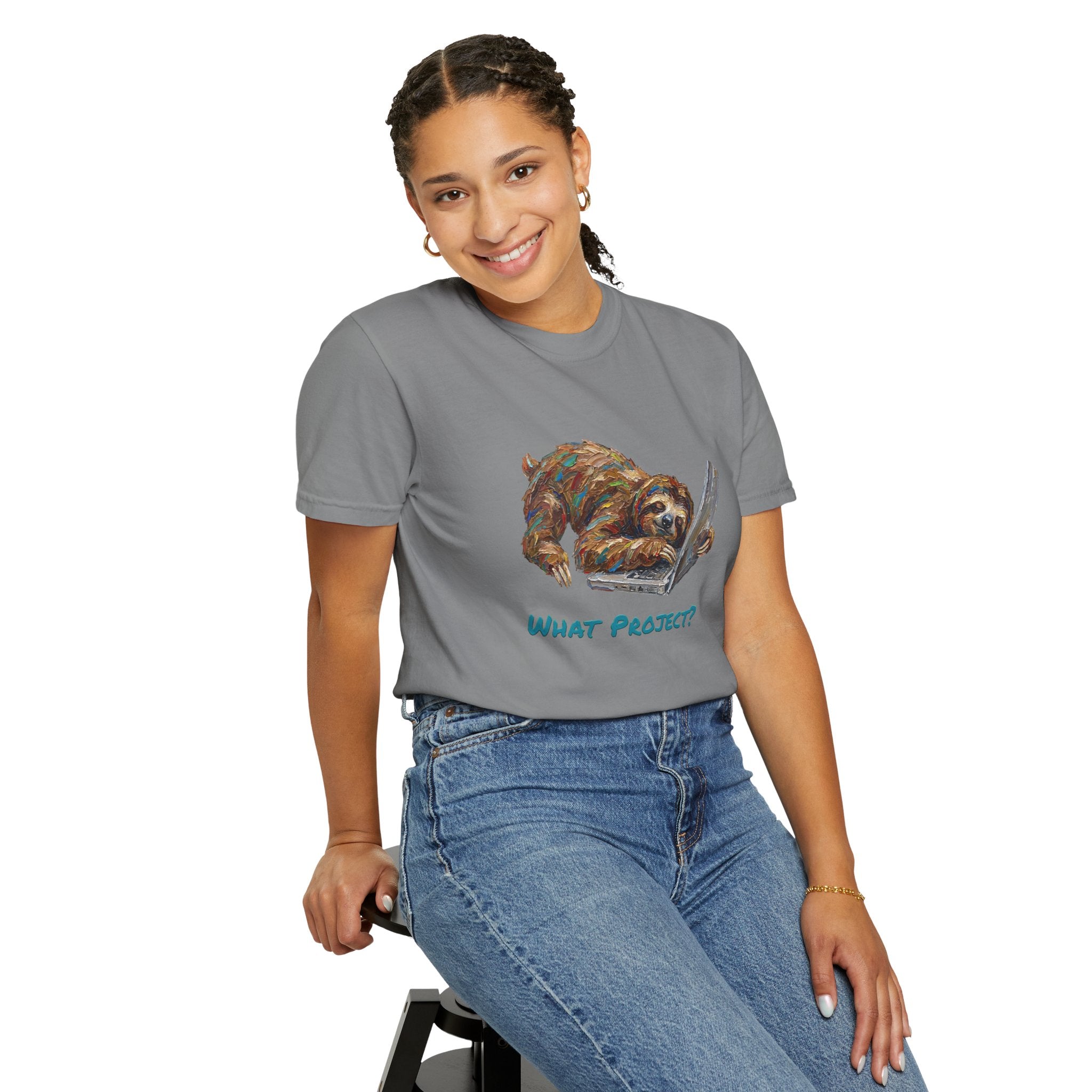 Sloth With Laptop T-Shirt — What Project? Funny Procrastination Tee