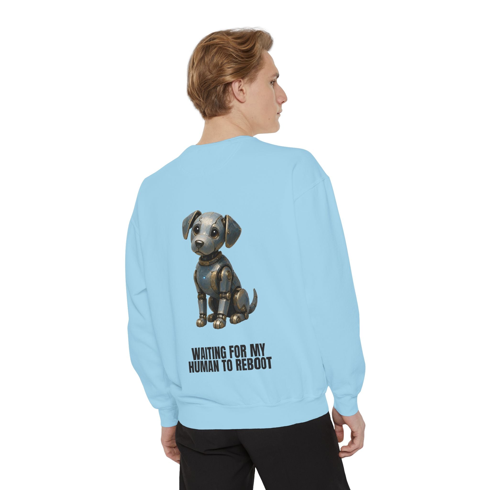 Waiting for My Human to Reboot Shirt, Funny Robot Dog Tee, Tech Programmer Gift, Sci-Fi AI Humor Sweatshirt