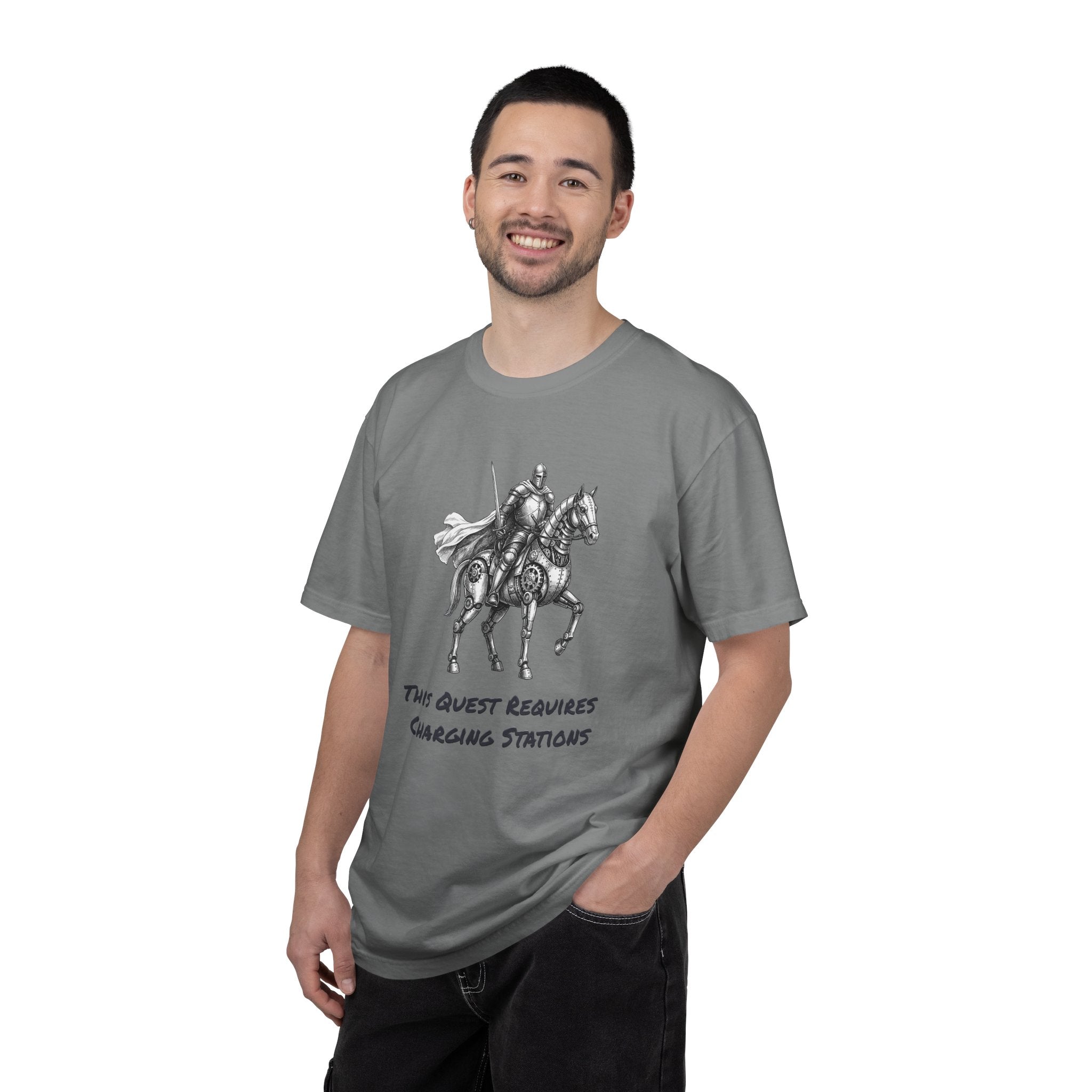 Knight & Robot Steed T-Shirt — This Quest Requires Charging Stations