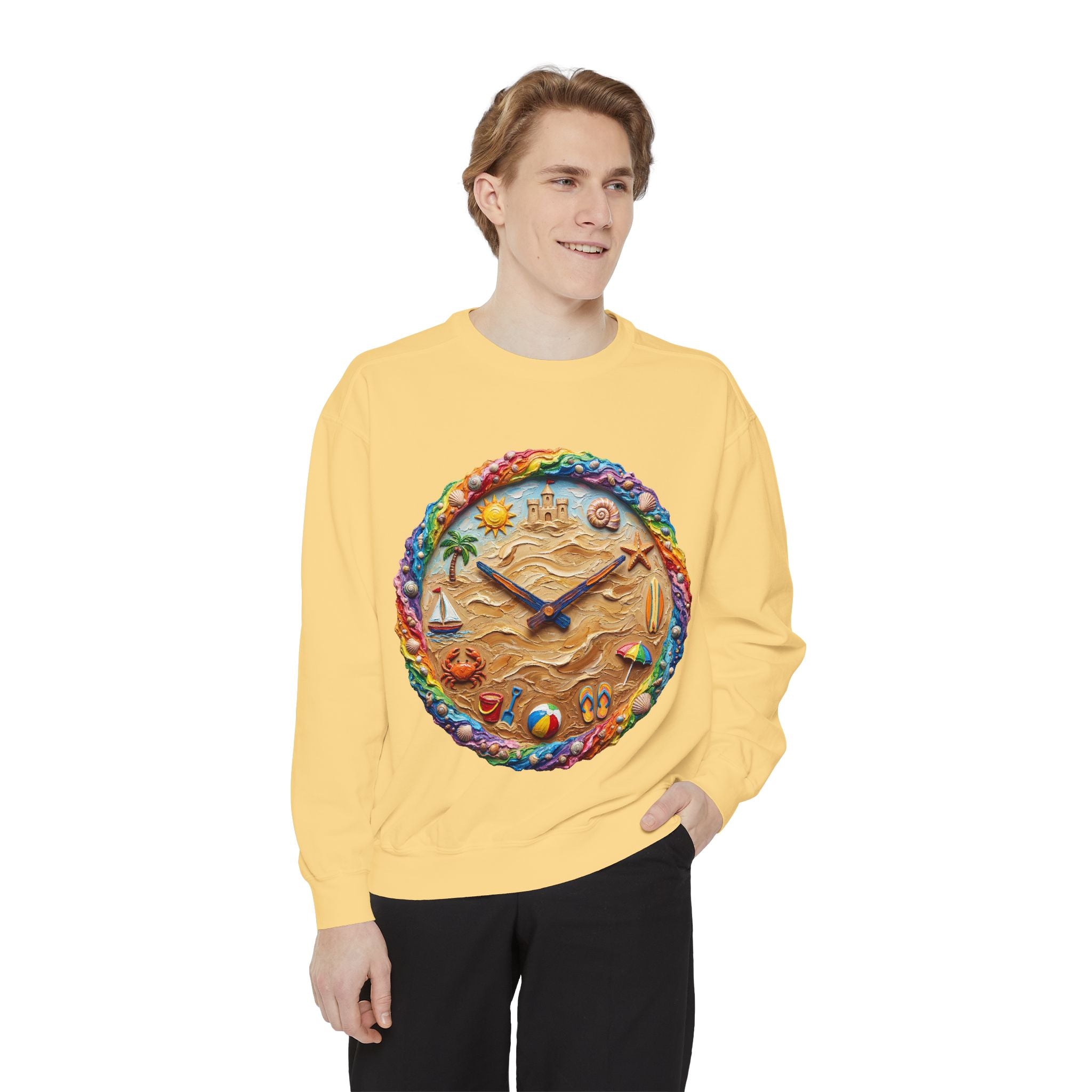 Beach Clock Shirt, Dreamy Coastal Art Tee, Surreal Beach Lover Gift, Summer Ocean Sweatshirt
