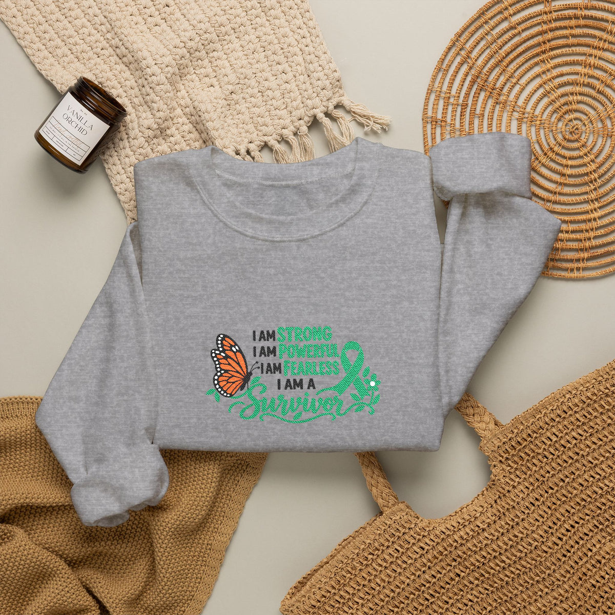Embroidered Cancer Survivor Ribbon & Butterfly Crewneck Sweatshirt | Survivor Awareness
