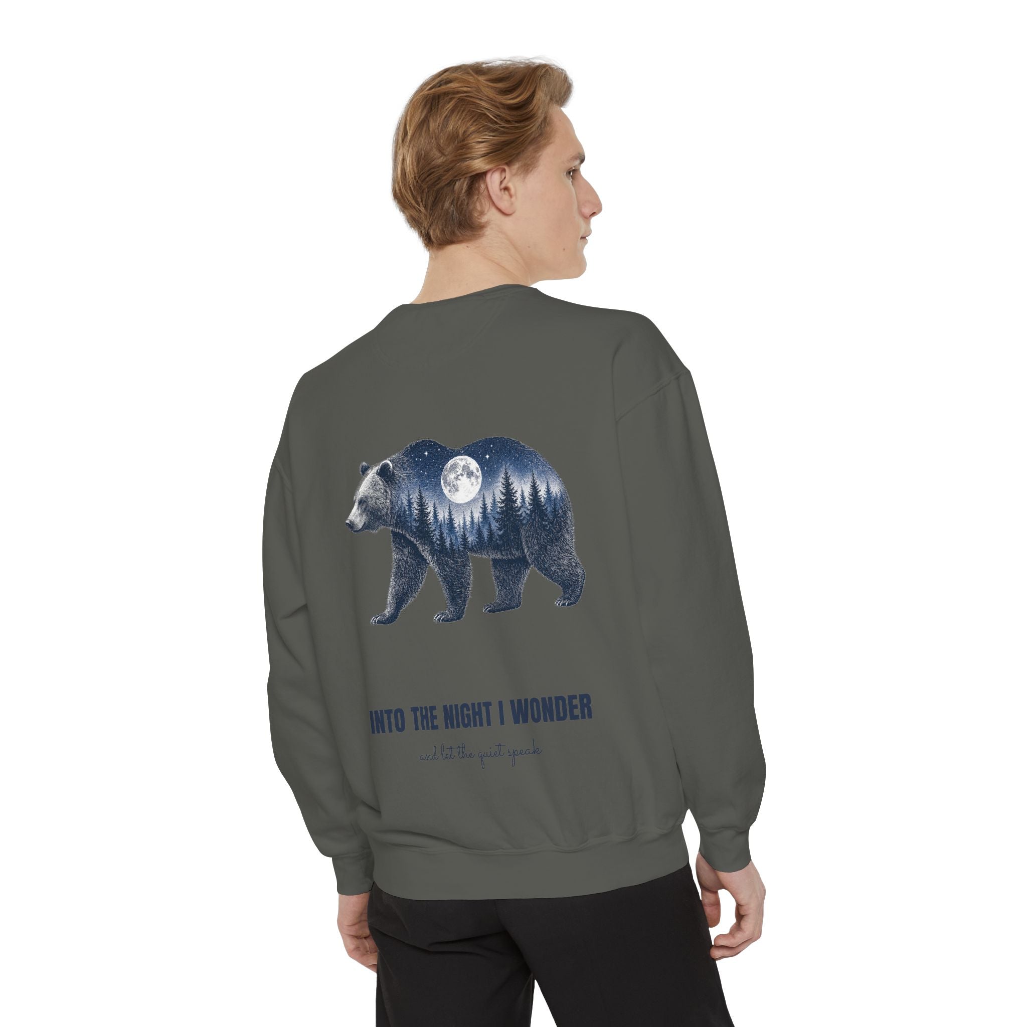 Into the Night I Wonder Shirt, Bear Double Exposure Tee, Moonlit Forest Camping Gift, Woodland Nature Sweatshirt