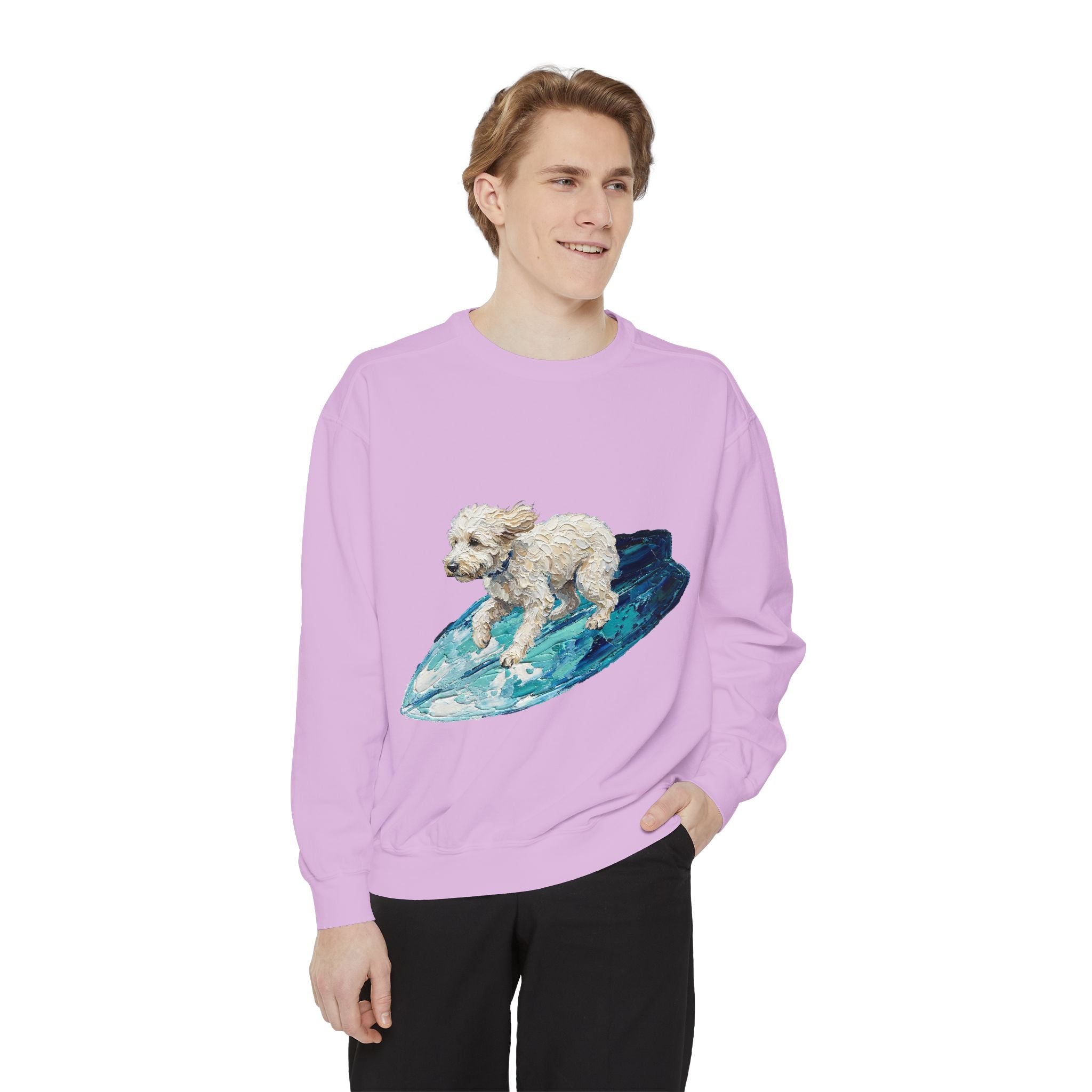 Surfing Dog Shirt, Painterly Surf Dog Tee, Beach Coastal Dog Lover Gift, Summer Ocean Dog Mom Sweatshirt
