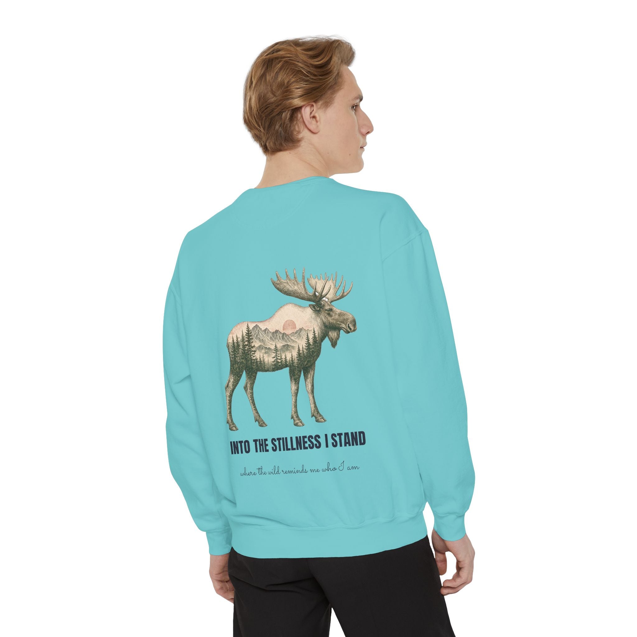 Into the Stillness I Stand Shirt, Moose Double Exposure Tee, Mountain Wilderness Camping Gift, Woodland Nature Sweatshirt