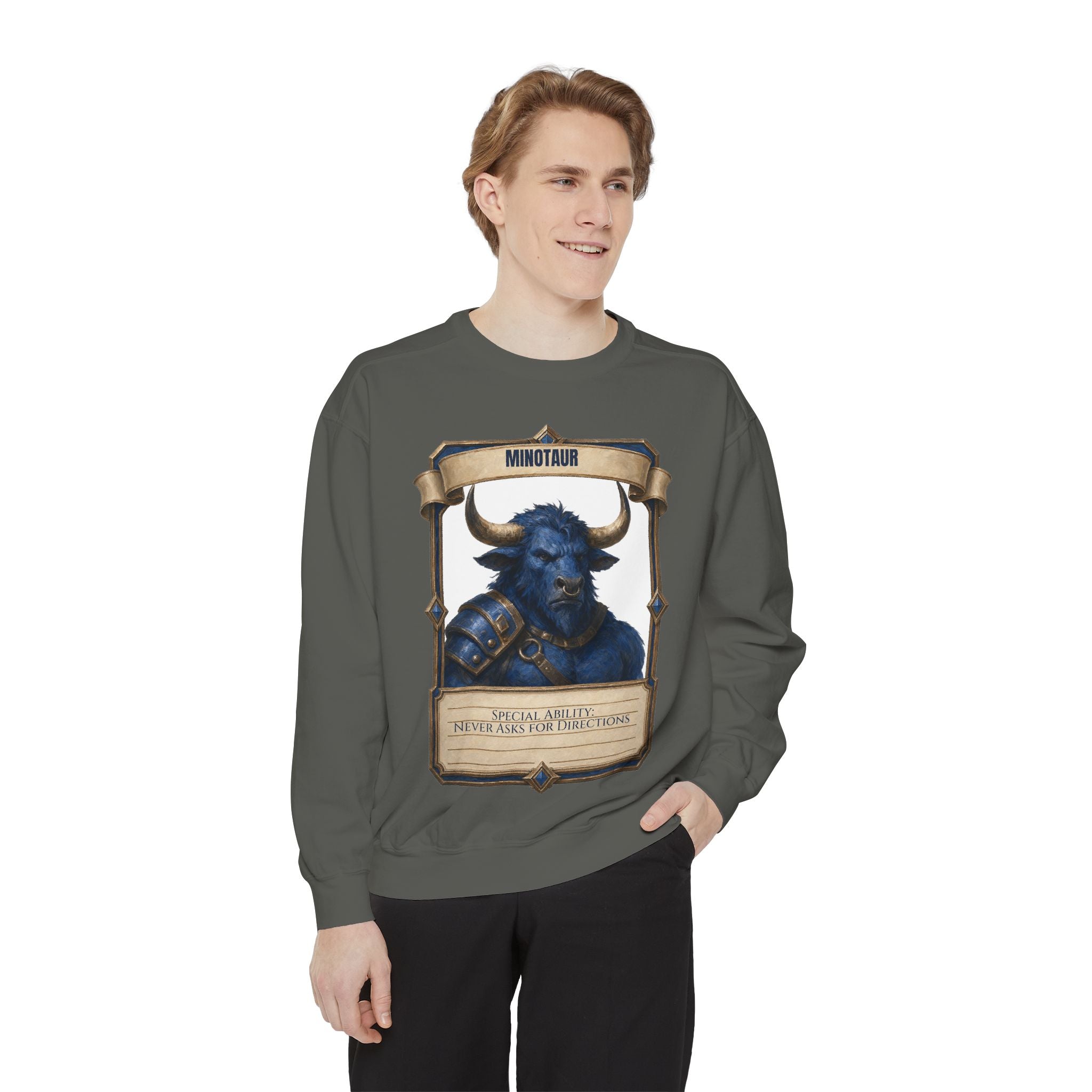 Minotaur Never Asks for Directions Shirt, Funny RPG Stat Card Tee, Tabletop Gamer D20 Gift, Fantasy Dungeon Sweatshirt