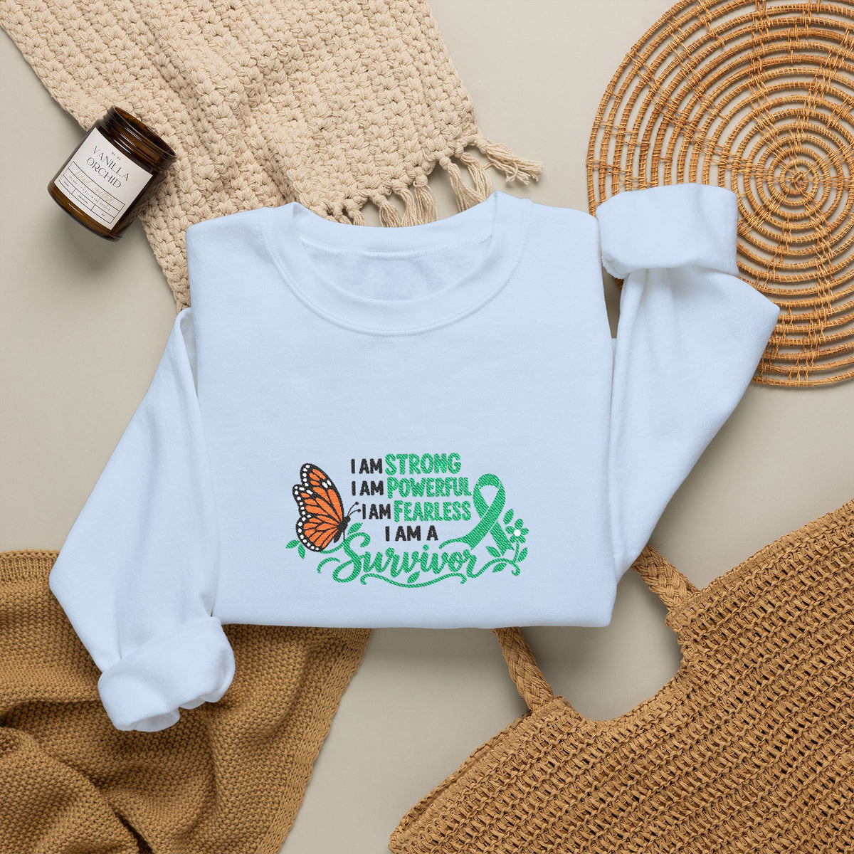 Embroidered Cancer Survivor Ribbon & Butterfly Crewneck Sweatshirt | Survivor Awareness