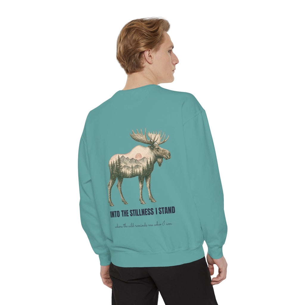Into the Stillness I Stand Shirt, Moose Double Exposure Tee, Mountain Wilderness Camping Gift, Woodland Nature Sweatshirt