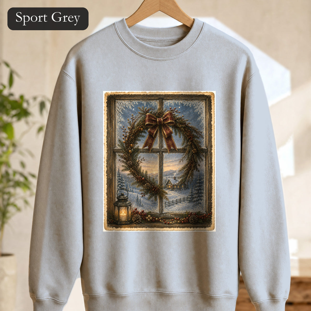Winter Wreath Window Scene Sweatshirt | Vintage Holiday Postcard