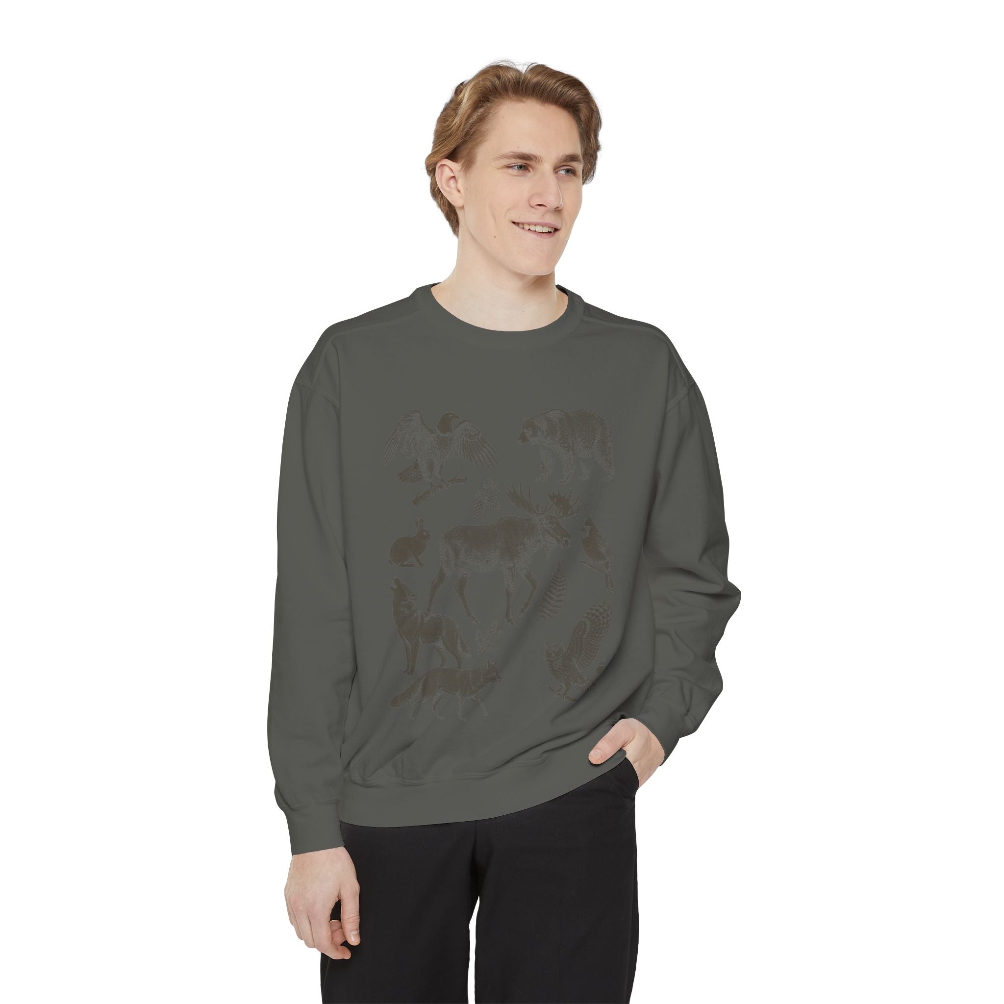 Woodland Field Guide Shirt, Forest Animals Etching Tee, Bear Wolf Moose Owl Nature Gift, Vintage Camping Sweatshirt