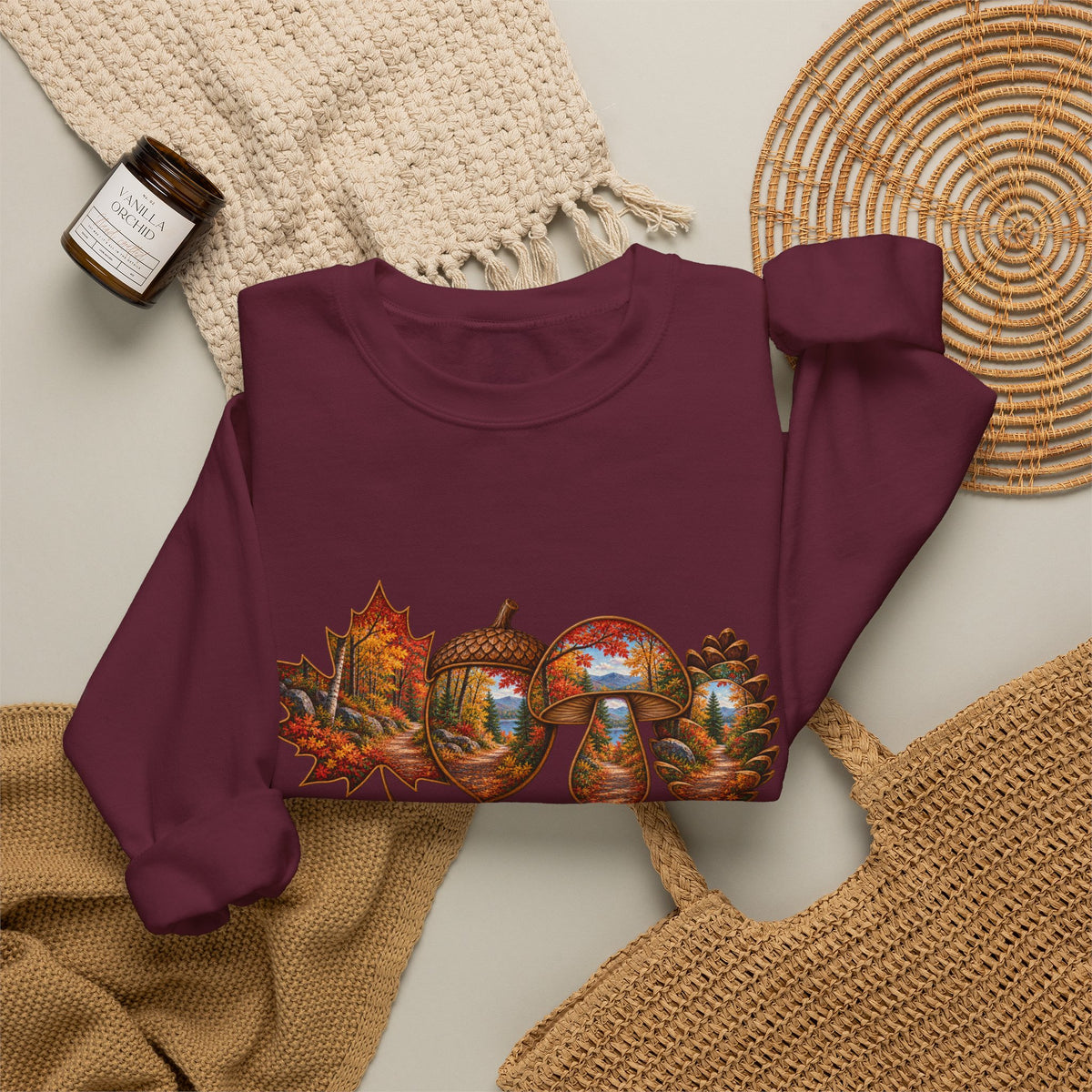 Autumn Lake Scene on Maple Leaves Sweatshirt | Fall Landscape Crewneck