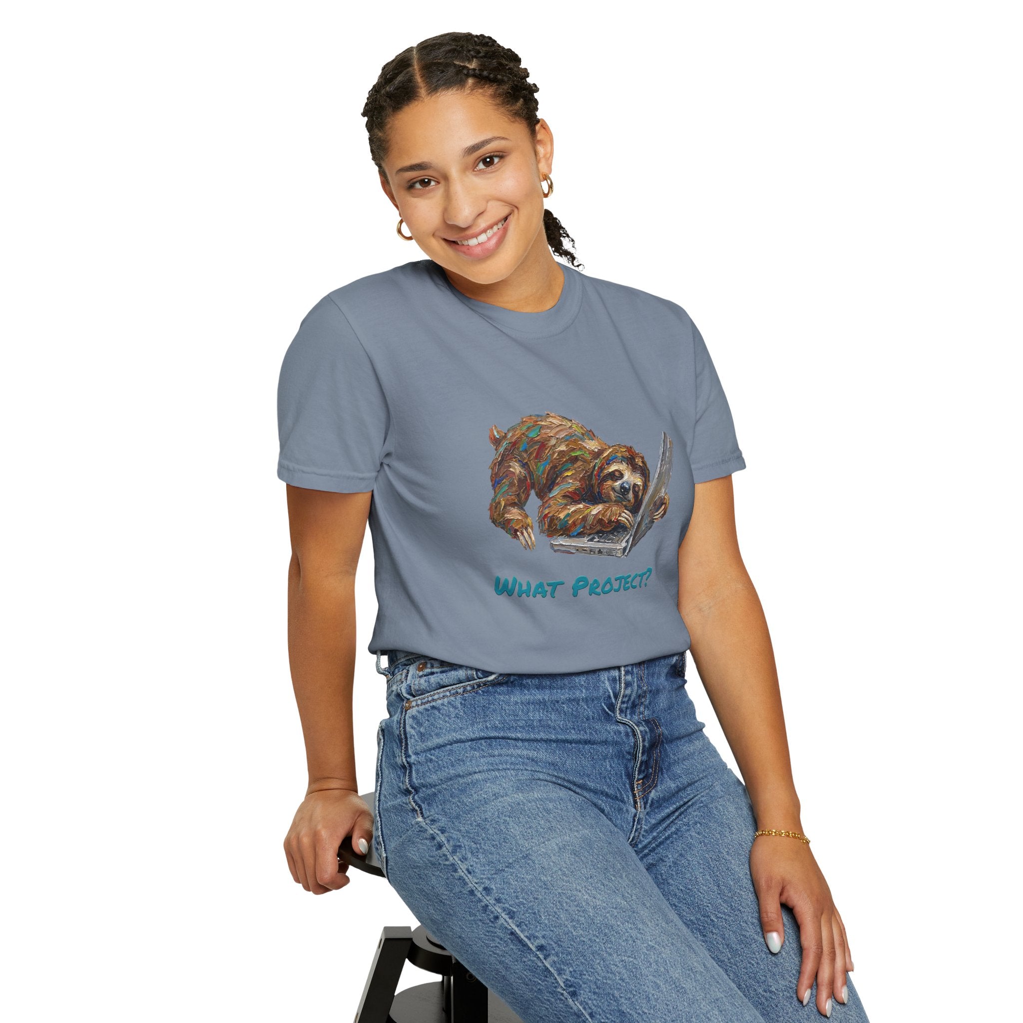 Sloth With Laptop T-Shirt — What Project? Funny Procrastination Tee