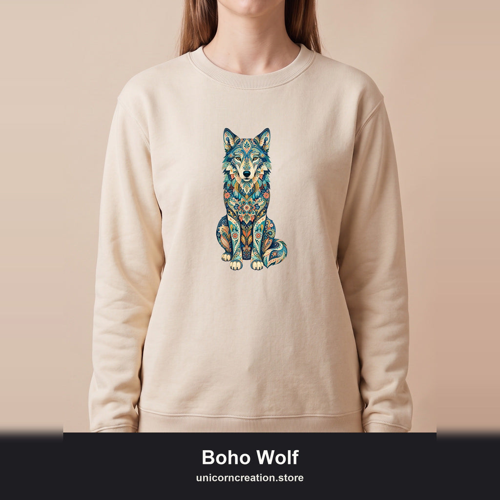 Boho Wolf Shirt, Folk Art Wolf Tee, Japanese Pattern Wolf Lover Gift, Vintage Floral Wolf Sweatshirt