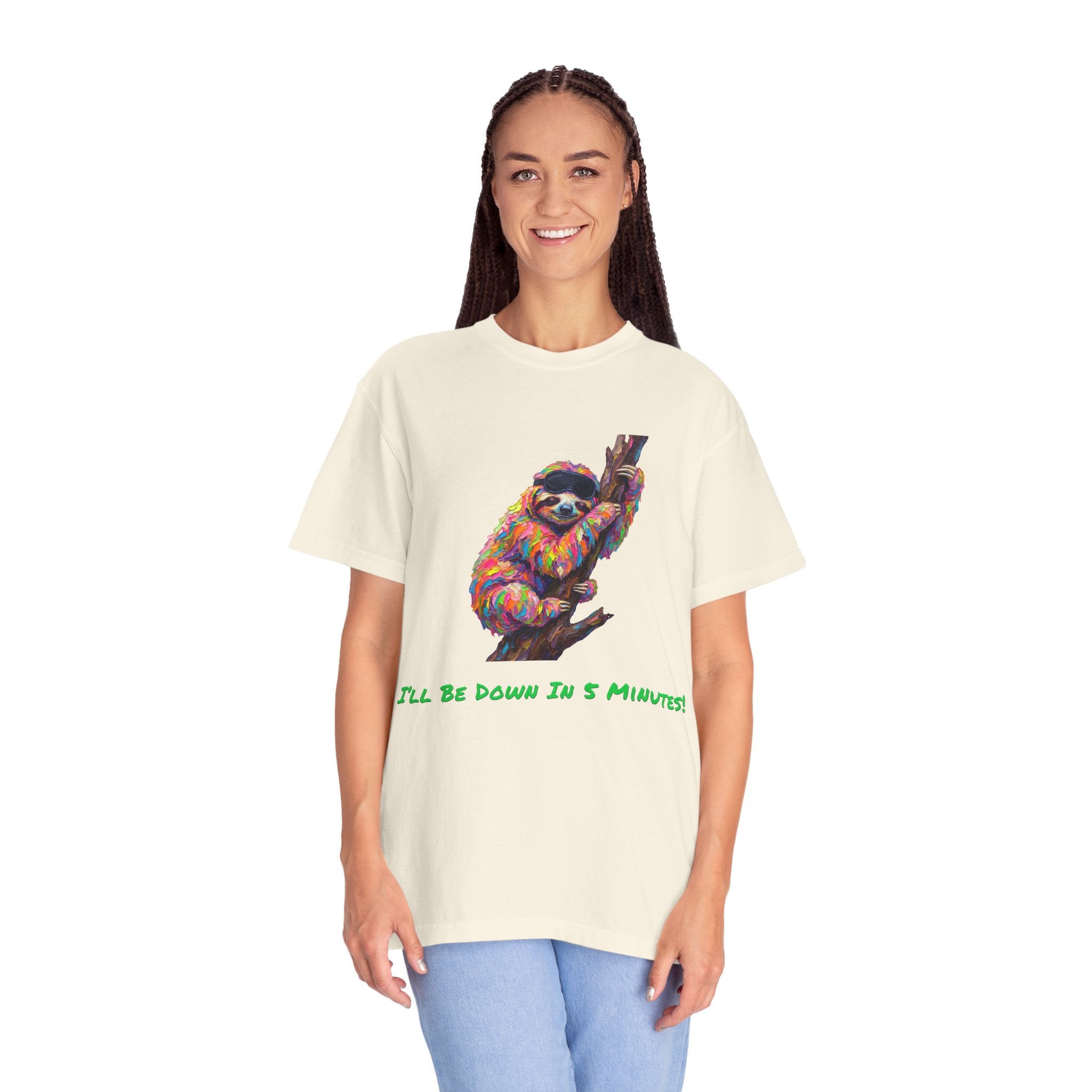Sloth T-Shirt — I'll Be Down in 5 Minutes, Funny Lazy Tee