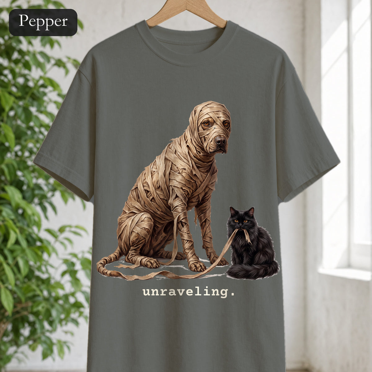 Unraveling Mummy & Cat Shirt, Funny Halloween Mummy Tee, Cozy Deadpan Spooky Tee, Black Cat Lover Gift