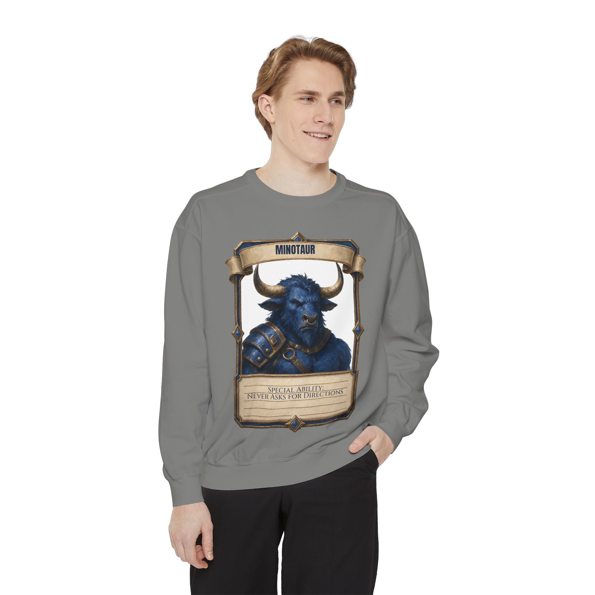 Minotaur Never Asks for Directions Shirt, Funny RPG Stat Card Tee, Tabletop Gamer D20 Gift, Fantasy Dungeon Sweatshirt