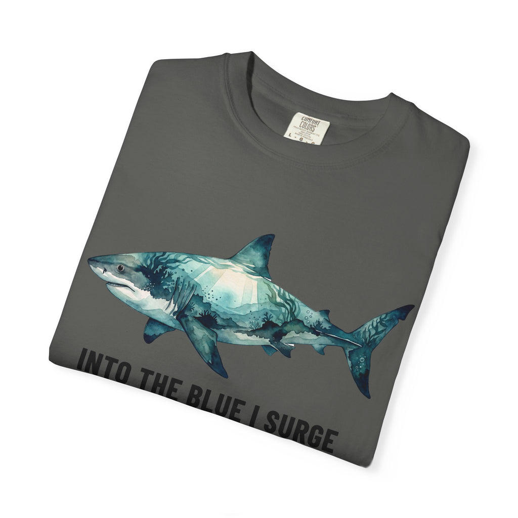Shark Graphic Tee — "Into the Blue I Surge" Ocean Adventure T-Shirt