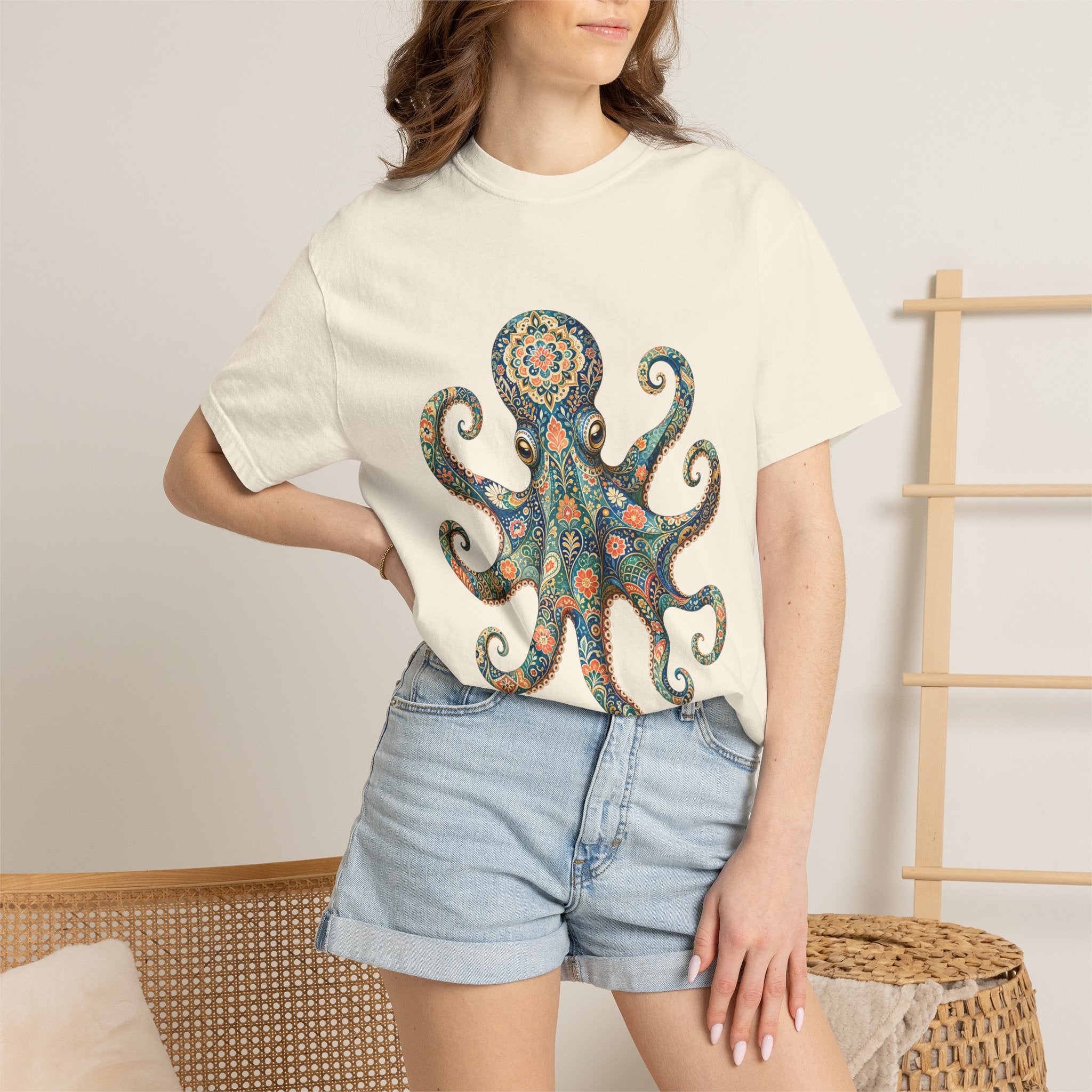 Boho Octopus Shirt, Folk Art Octopus Tee, Japanese Pattern Ocean Lover Gift, Vintage Floral Octopus Sweatshirt