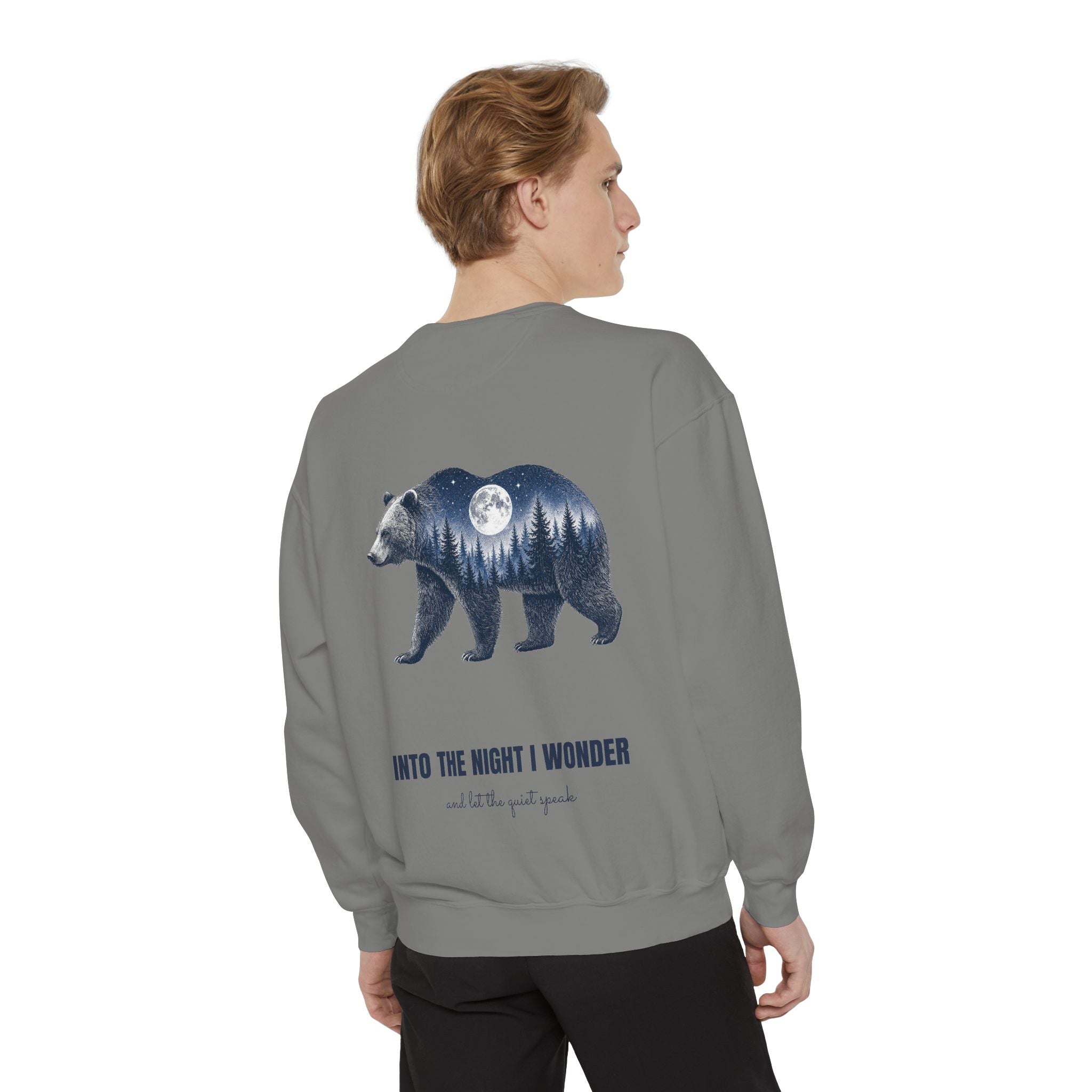 Into the Night I Wonder Shirt, Bear Double Exposure Tee, Moonlit Forest Camping Gift, Woodland Nature Sweatshirt