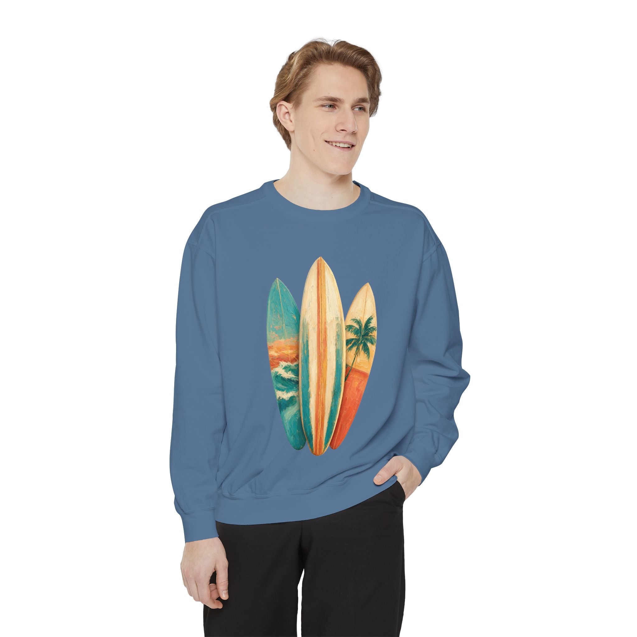 Vintage Surfboard Quarter Zip, Painterly Surf Art Pullover, Beach Coastal Surfer Gift, Summer Ocean Sweatshirt
