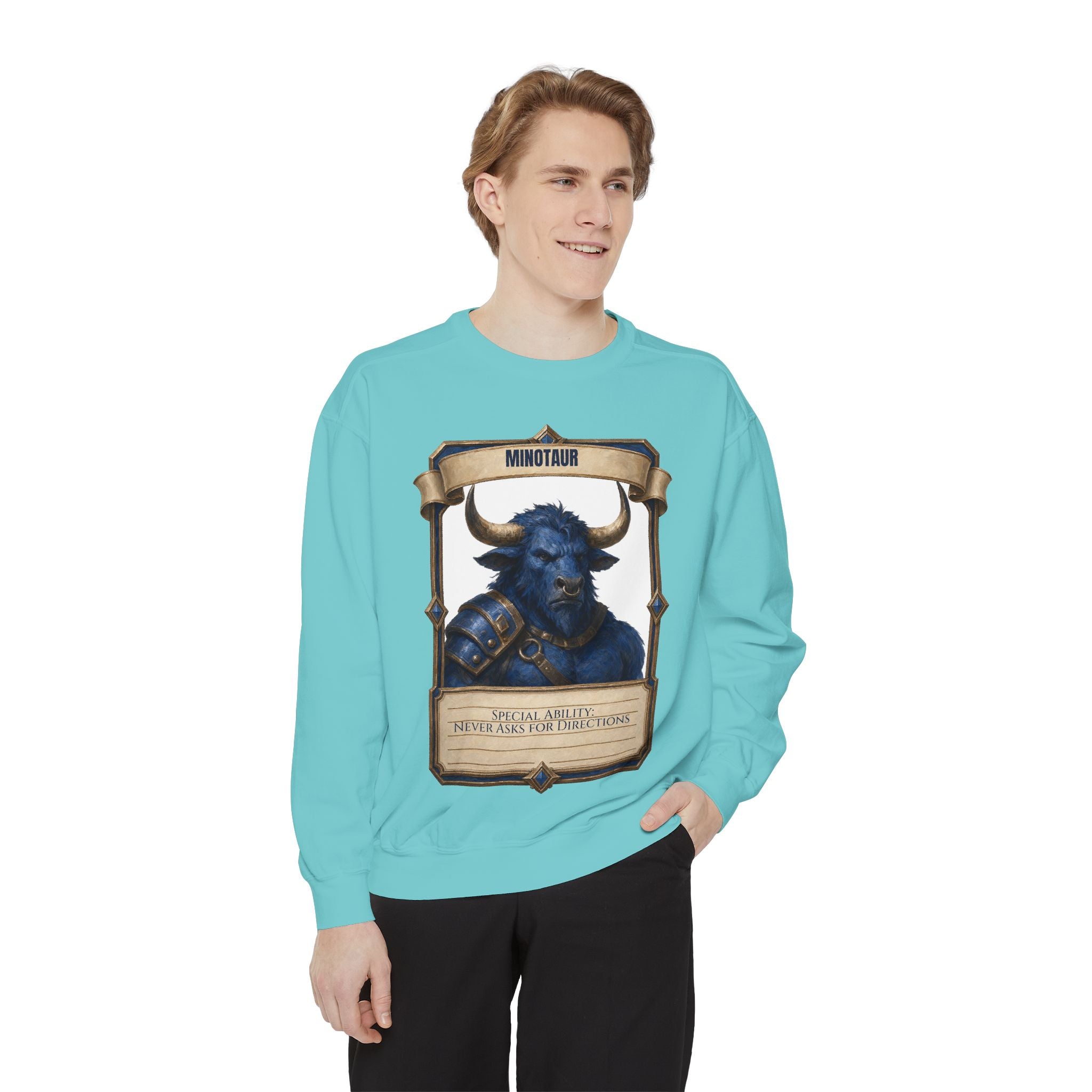 Minotaur Never Asks for Directions Shirt, Funny RPG Stat Card Tee, Tabletop Gamer D20 Gift, Fantasy Dungeon Sweatshirt