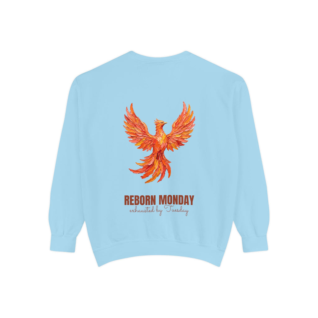 Reborn Monday Exhausted by Tuesday Shirt, Funny Phoenix Tee, Work Week Humor Gift, Painterly Fantasy Sweatshirt