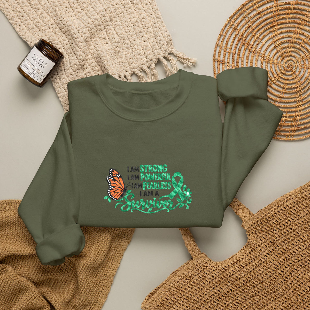 Embroidered Cancer Survivor Ribbon & Butterfly Crewneck Sweatshirt | Survivor Awareness