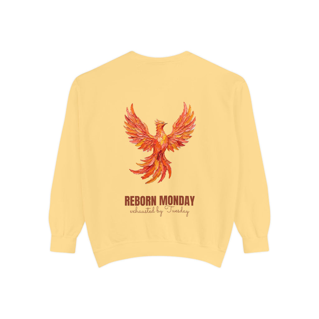 Reborn Monday Exhausted by Tuesday Shirt, Funny Phoenix Tee, Work Week Humor Gift, Painterly Fantasy Sweatshirt