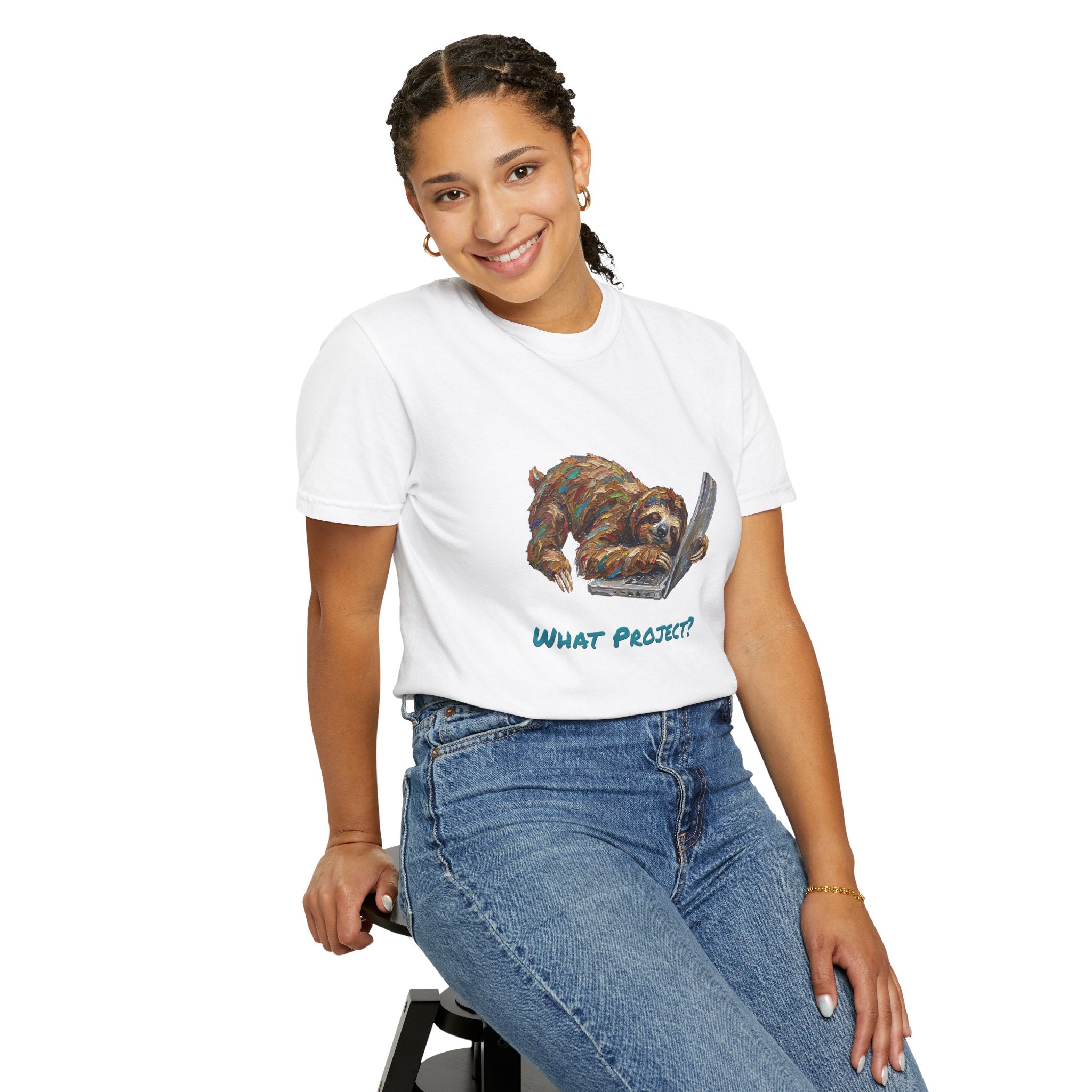 Sloth With Laptop T-Shirt — What Project? Funny Procrastination Tee
