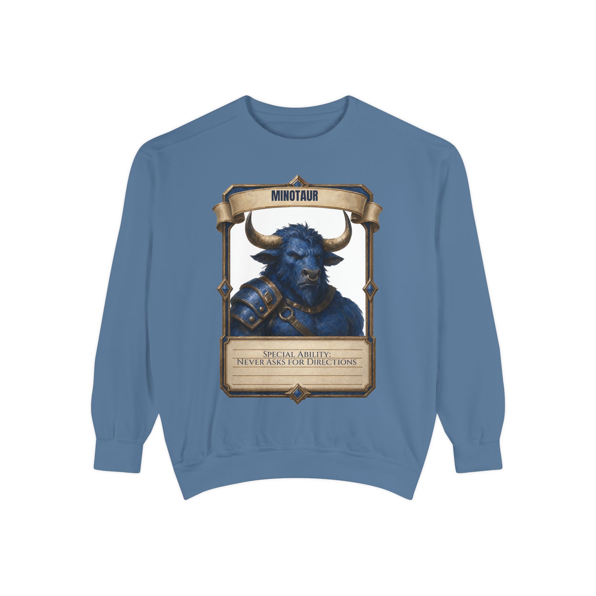 Minotaur Never Asks for Directions Shirt, Funny RPG Stat Card Tee, Tabletop Gamer D20 Gift, Fantasy Dungeon Sweatshirt