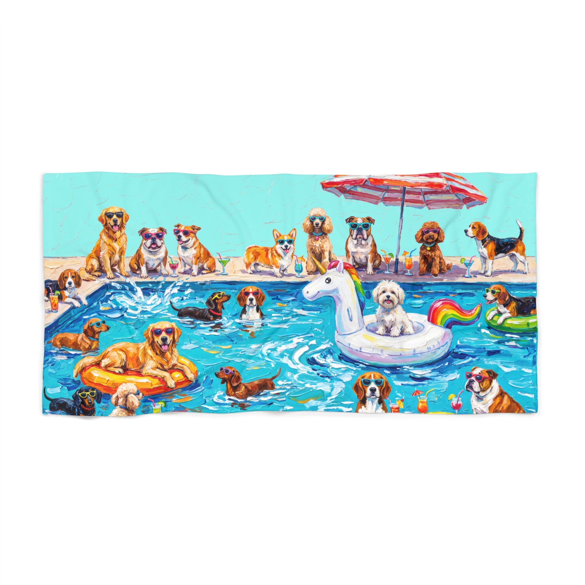 Beach towel printed with colorful painterly dogs playing in a swimming pool
