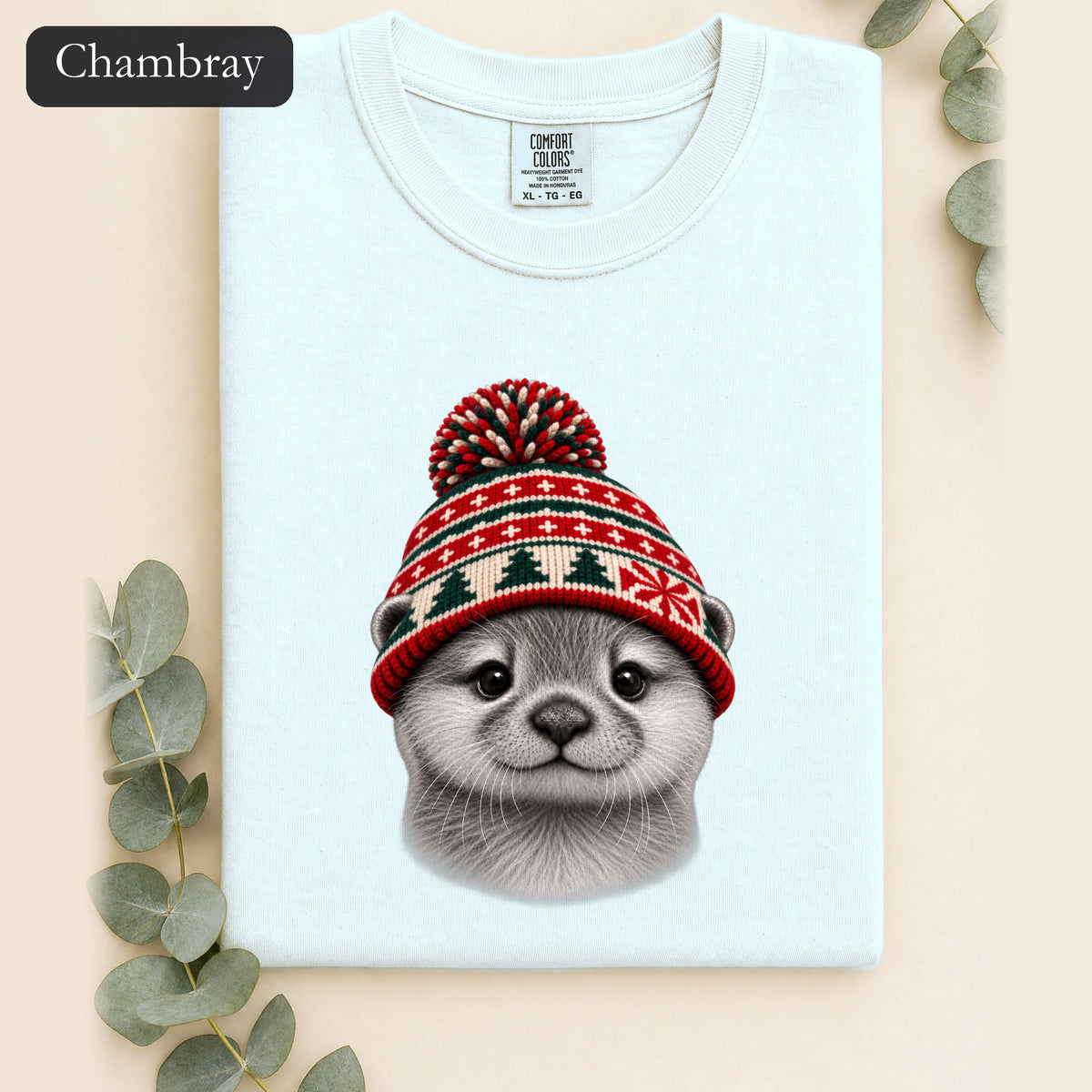 Otter Wearing Knit Christmas Winter Hat Shirt | Cute Holiday Animal Tee