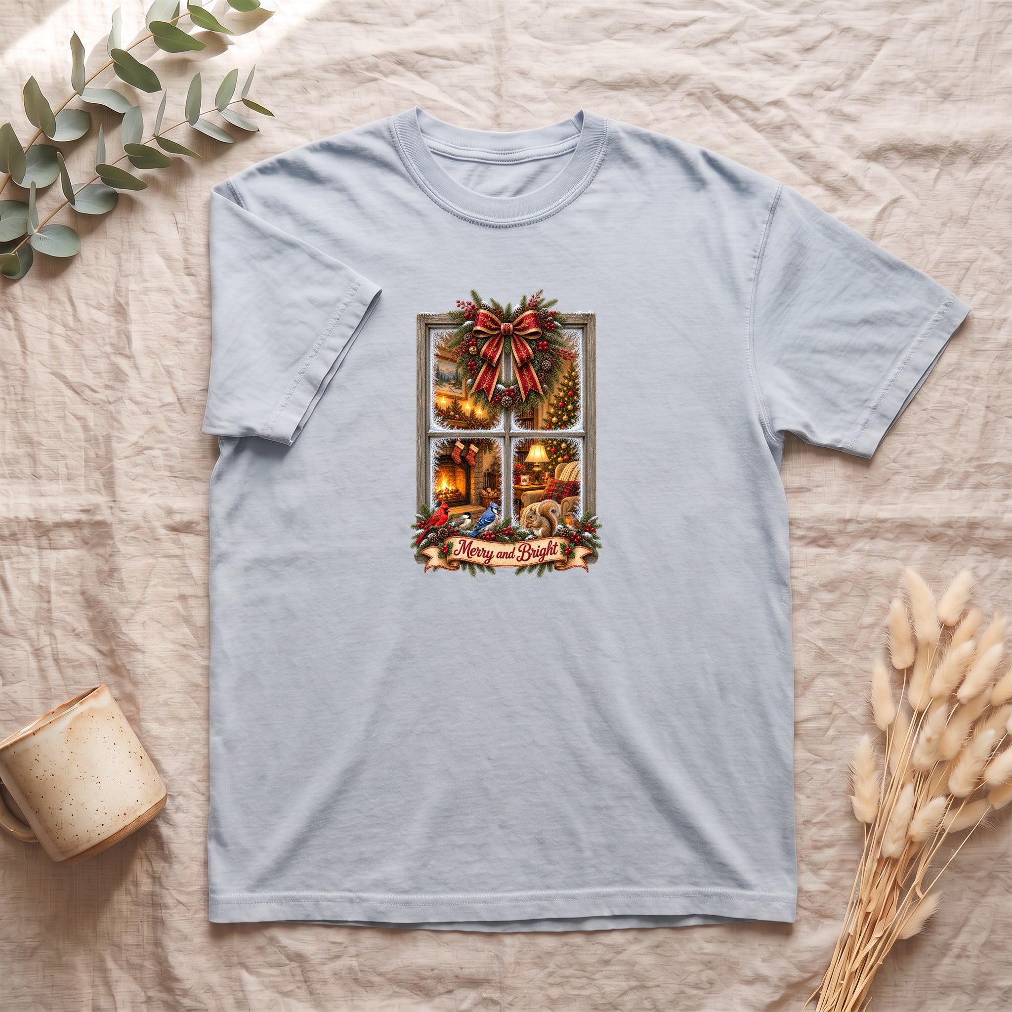 Merry and Bright Window Scene Shirt | Christmas Bow, Wreath, Candlelights