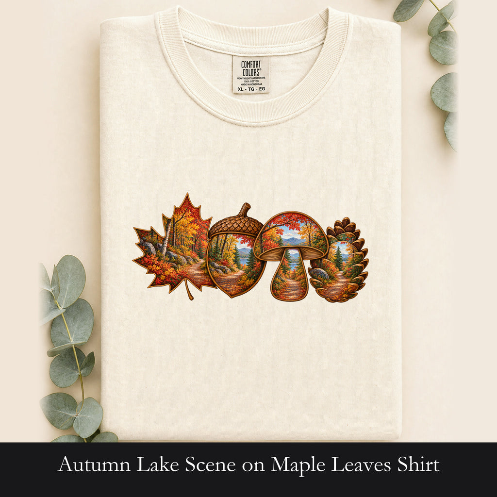 Autumn Lake Scene on Maple Leaves Shirt | Fall Landscape Tee
