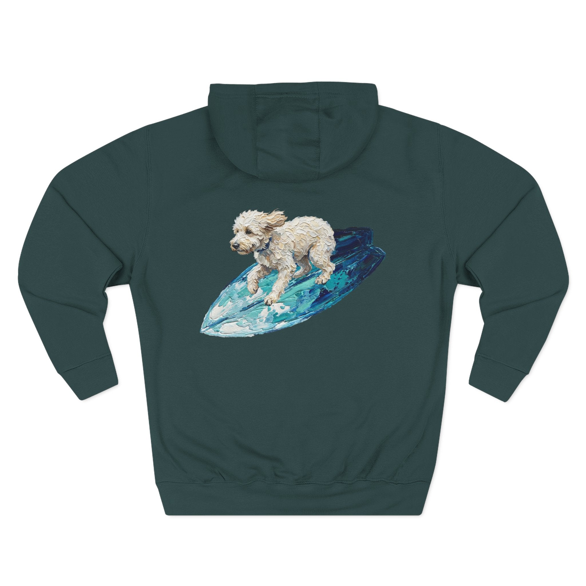 Surf Dog Hoodie — Cute White Dog Riding a Blue Surfboard Pullover