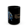 Black 15 oz coffee mug printed with a minotaur RPG stat card design