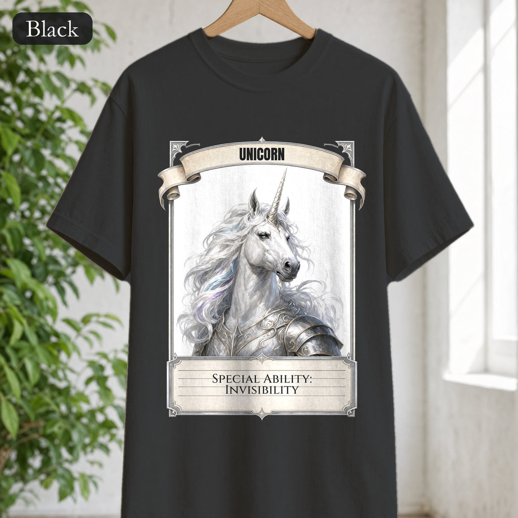 Unicorn Invisibility Stat Card Shirt, Funny RPG Gamer Tee, Tabletop D20 Fantasy Gift, Dungeon Dice Sweatshirt