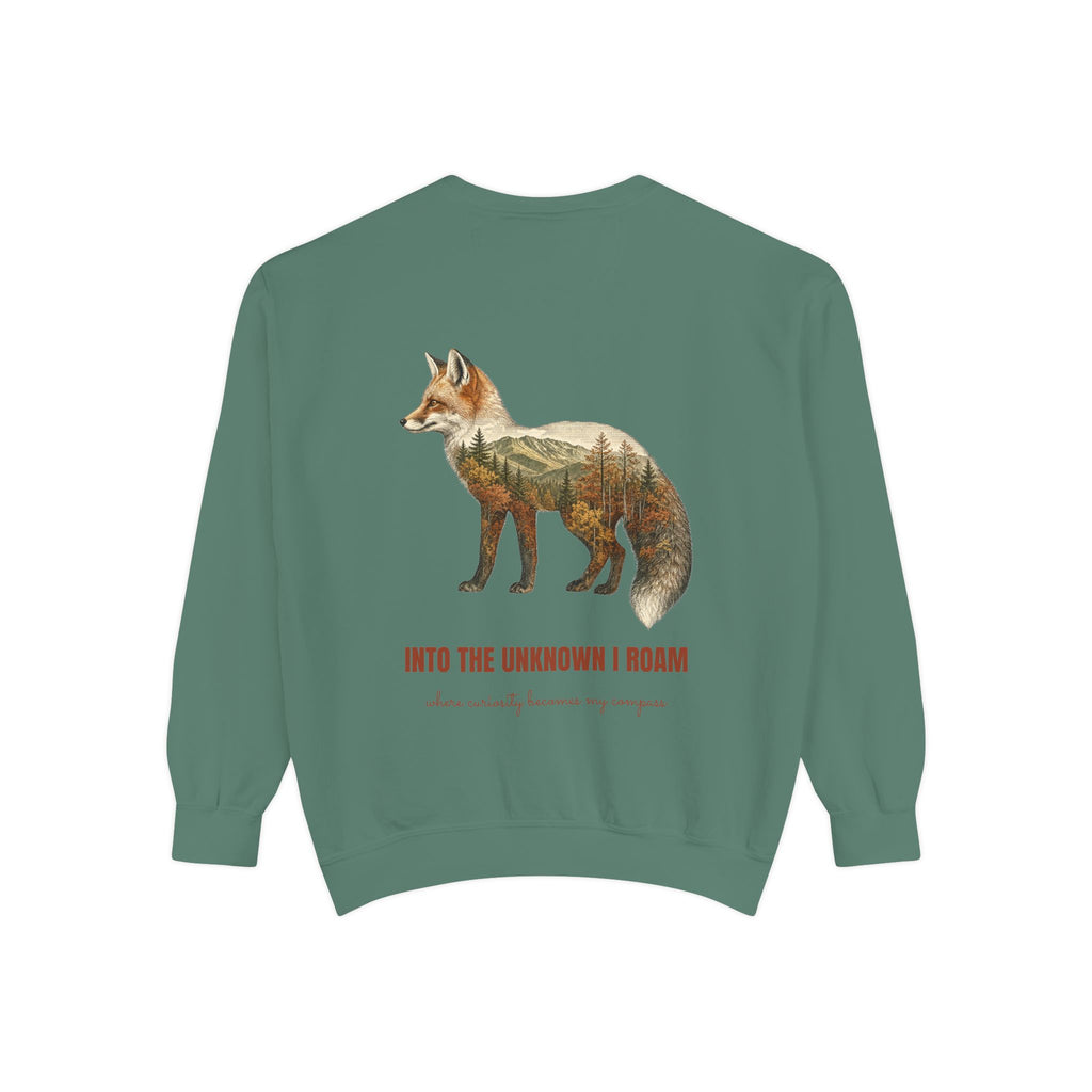 Into the Unknown I Roam Shirt, Fox Double Exposure Tee, Woodland Wanderlust Adventure Gift, Nature Hiking Sweatshirt
