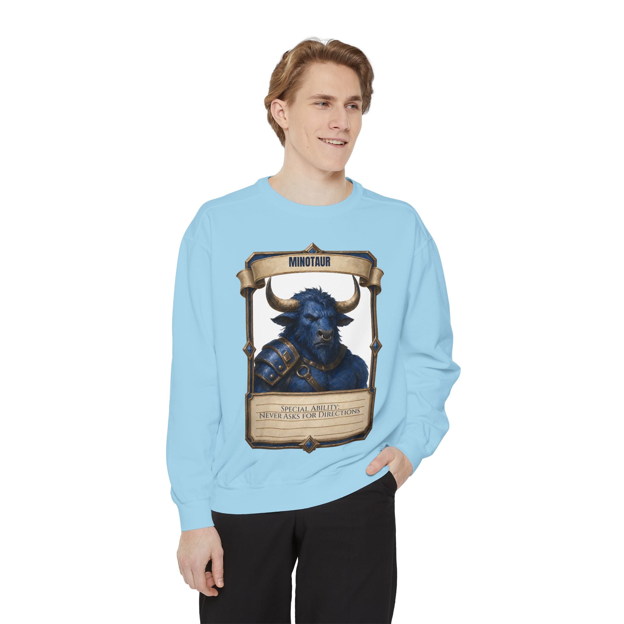 Minotaur Never Asks for Directions Shirt, Funny RPG Stat Card Tee, Tabletop Gamer D20 Gift, Fantasy Dungeon Sweatshirt