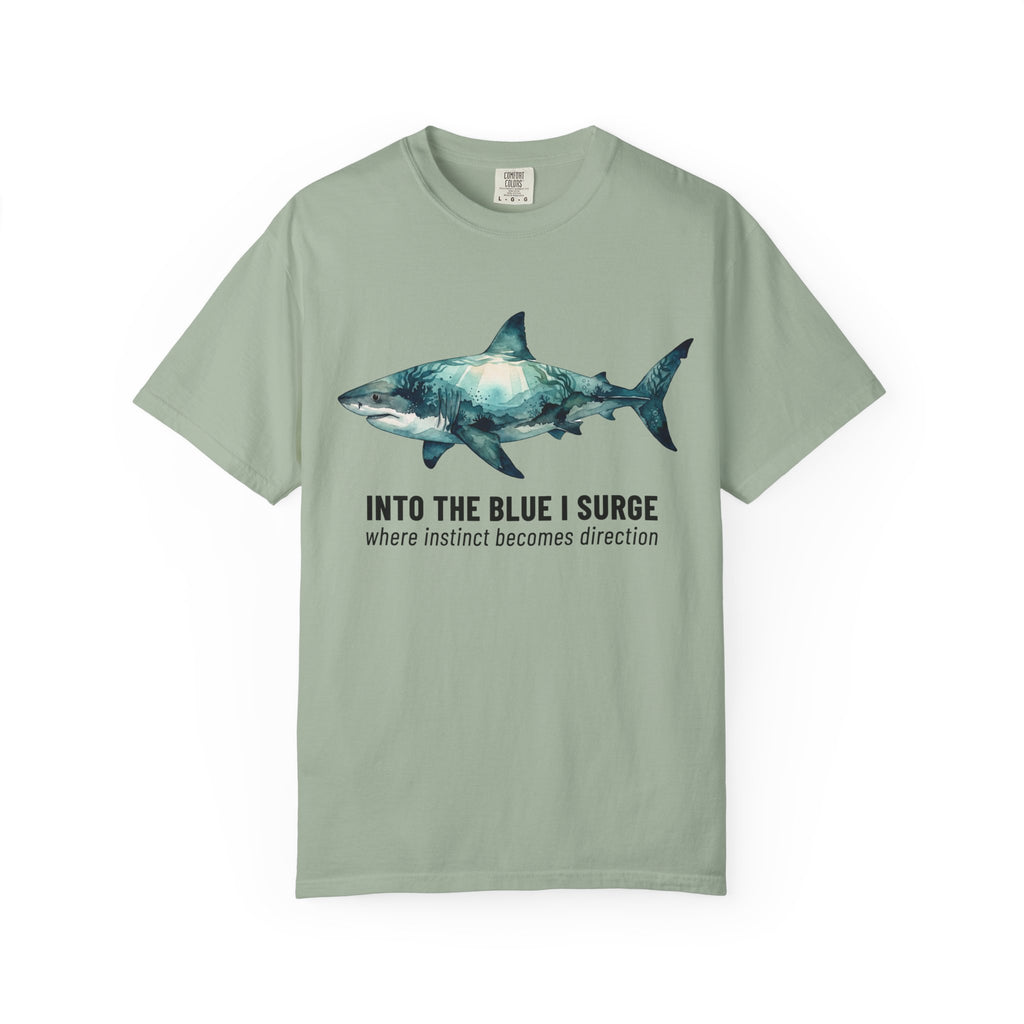 Shark Graphic Tee — "Into the Blue I Surge" Ocean Adventure T-Shirt