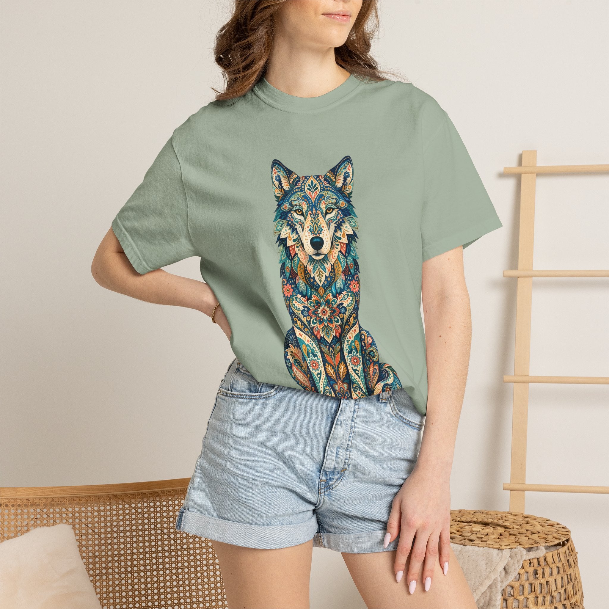 Boho Wolf Shirt, Folk Art Wolf Tee, Japanese Pattern Wolf Lover Gift, Vintage Floral Wolf Sweatshirt