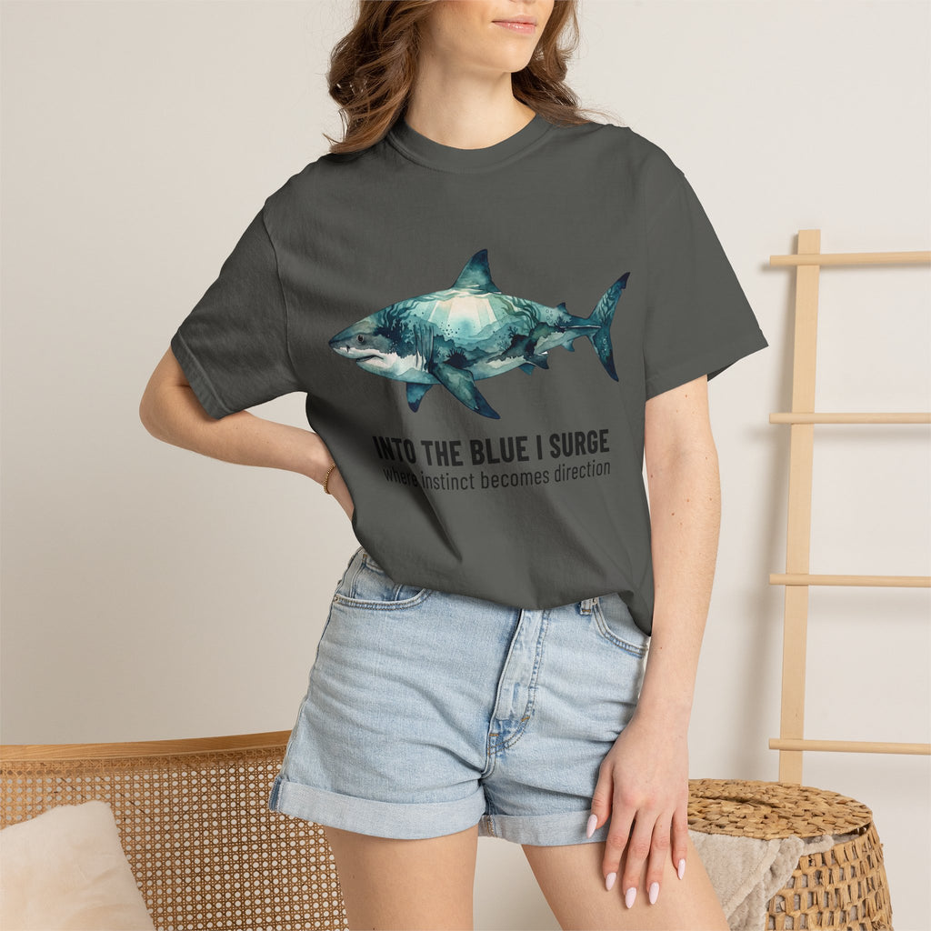 Shark Graphic Tee — "Into the Blue I Surge" Ocean Adventure T-Shirt