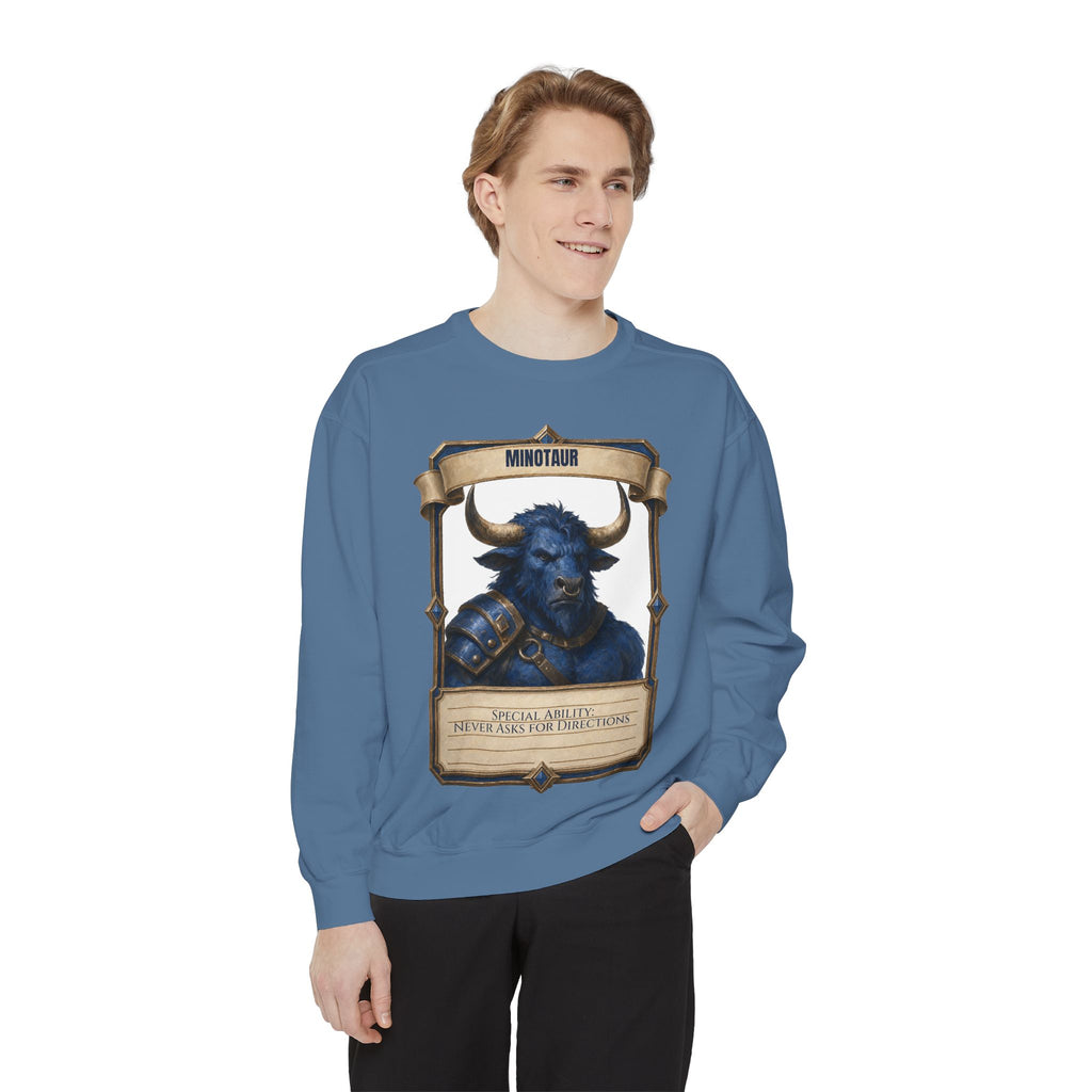 Minotaur Never Asks for Directions Shirt, Funny RPG Stat Card Tee, Tabletop Gamer D20 Gift, Fantasy Dungeon Sweatshirt