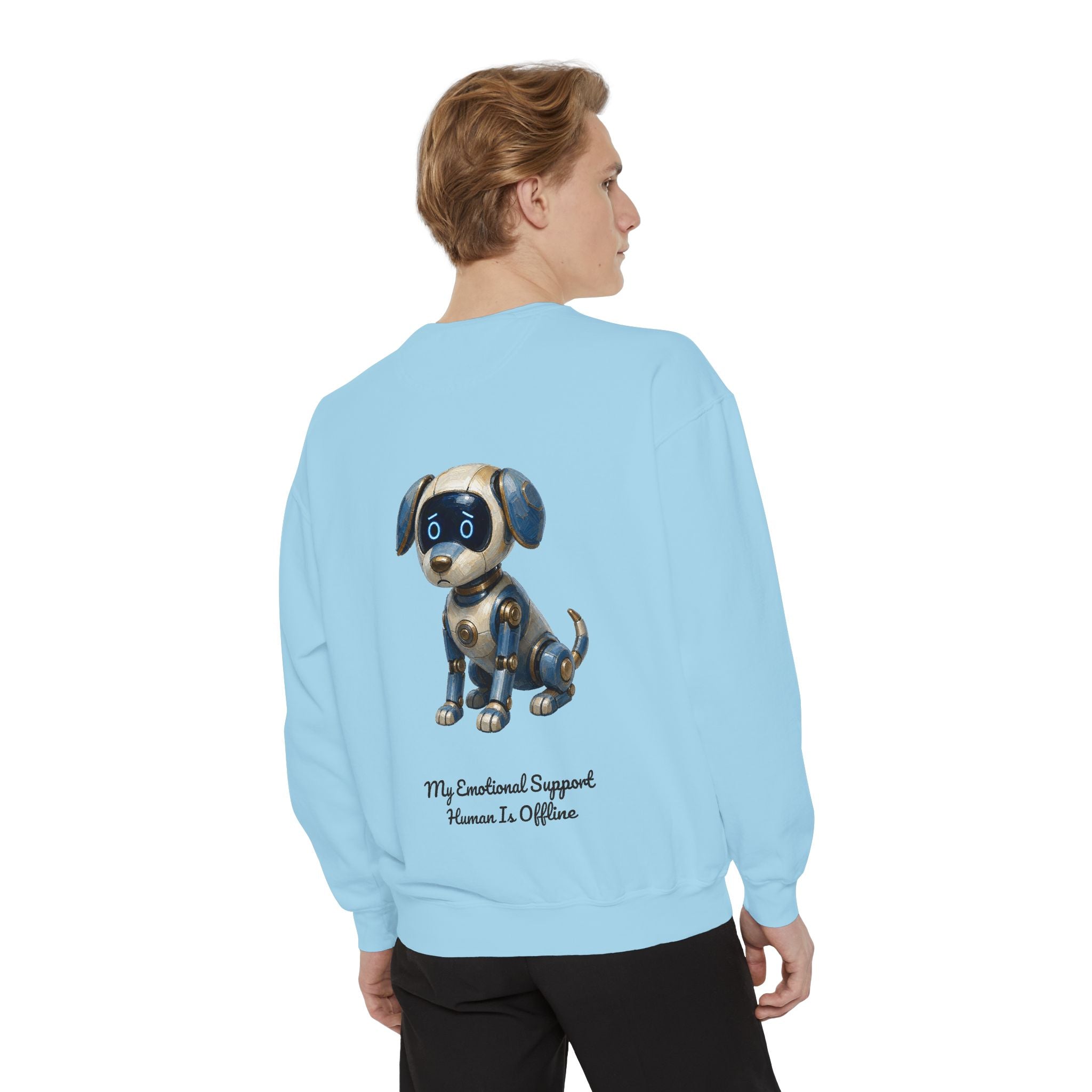 Robot Dog Emotional Support Human Offline Shirt, Funny AI Dog Tee, Tech Programmer Gift, Sci-Fi Humor Sweatshirt