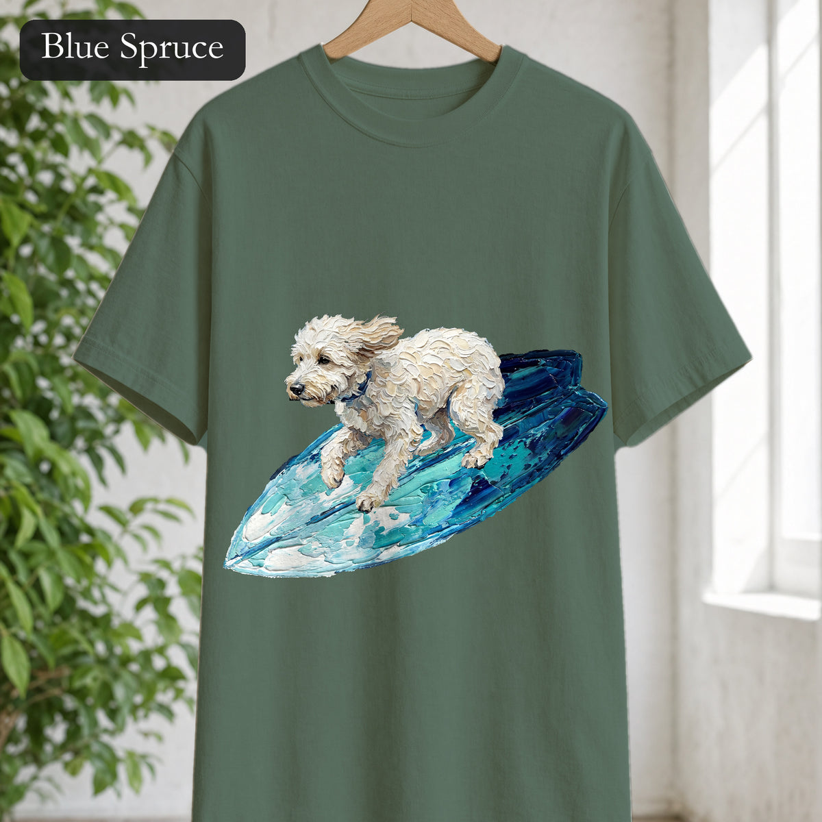 Surfing Dog Shirt, Painterly Surf Dog Tee, Beach Coastal Dog Lover Gift, Summer Ocean Dog Mom Sweatshirt