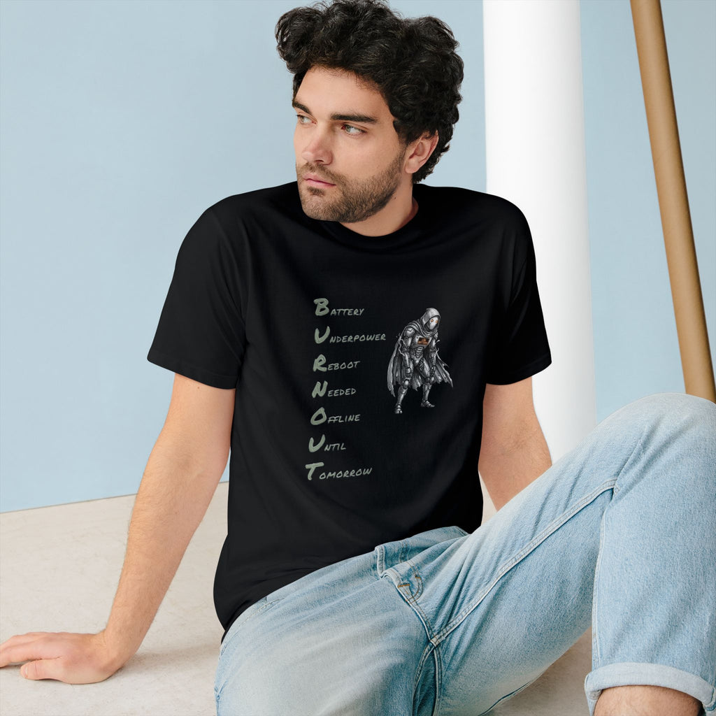 Organic Cotton Burnout Robot T-Shirt — Low Battery Office Tee