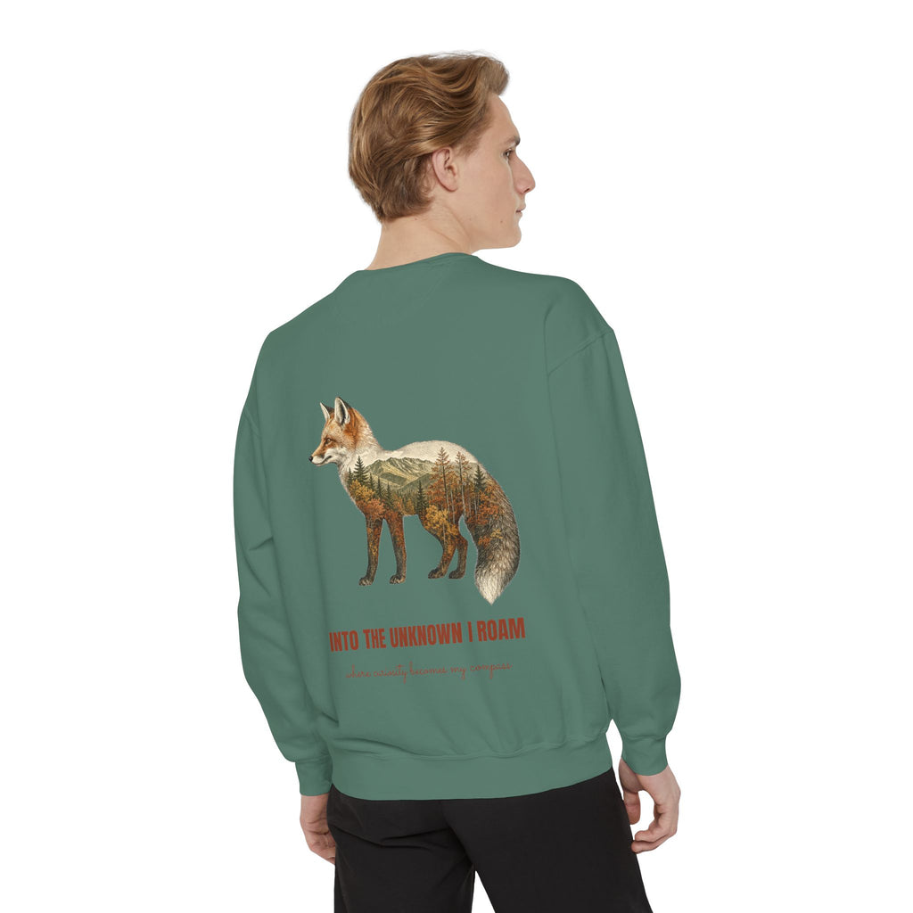 Into the Unknown I Roam Shirt, Fox Double Exposure Tee, Woodland Wanderlust Adventure Gift, Nature Hiking Sweatshirt