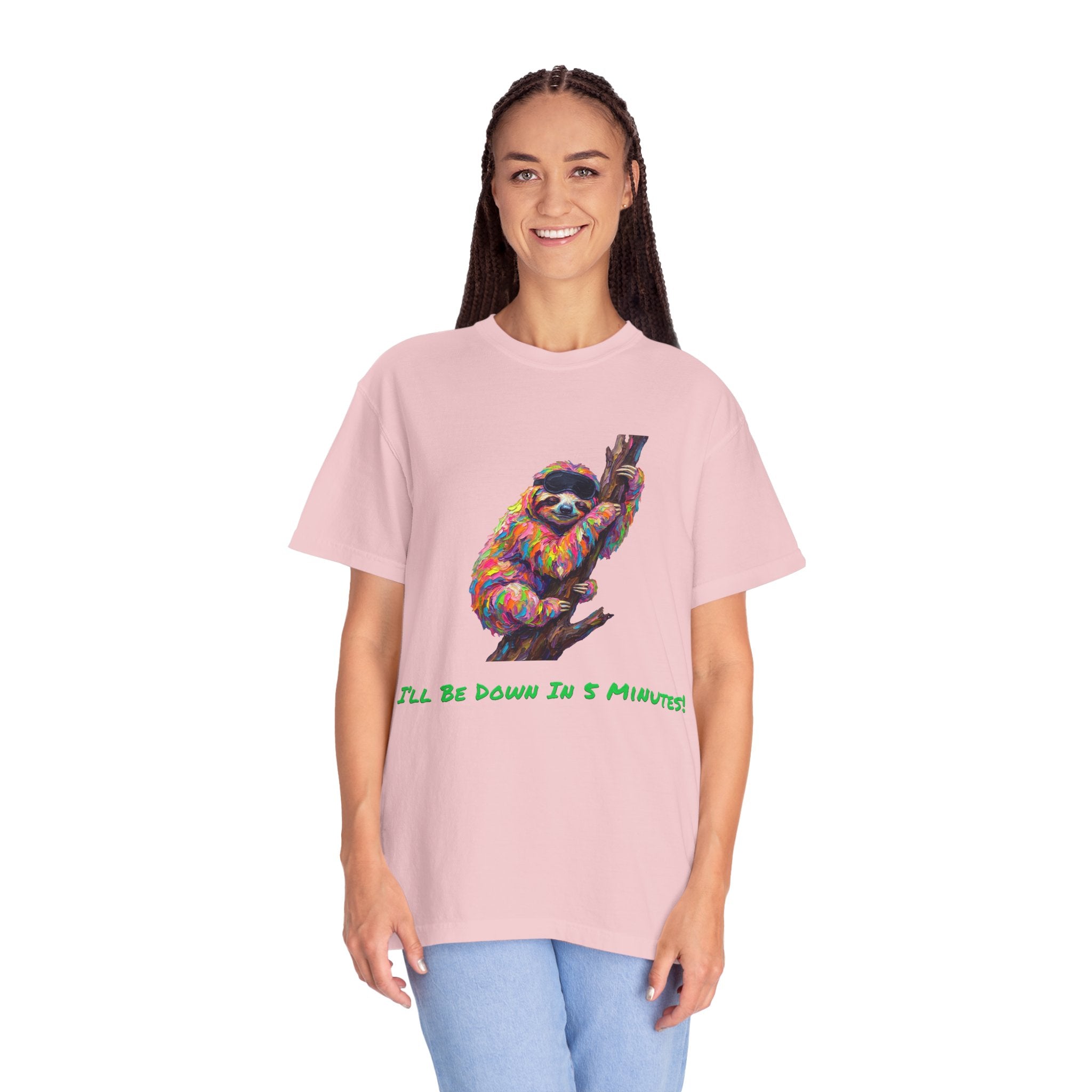 Sloth T-Shirt — I'll Be Down in 5 Minutes, Funny Lazy Tee