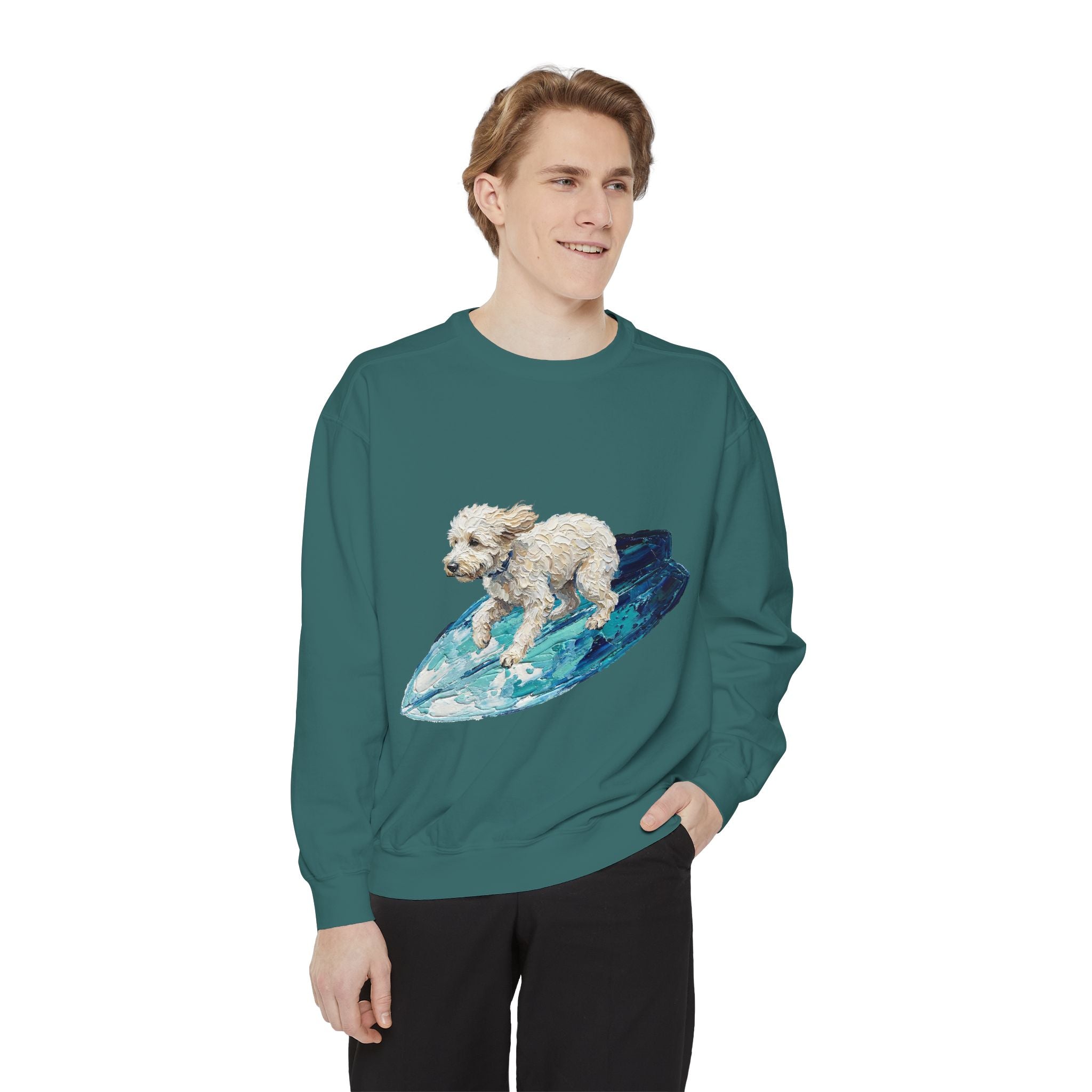 Surfing Dog Shirt, Painterly Surf Dog Tee, Beach Coastal Dog Lover Gift, Summer Ocean Dog Mom Sweatshirt