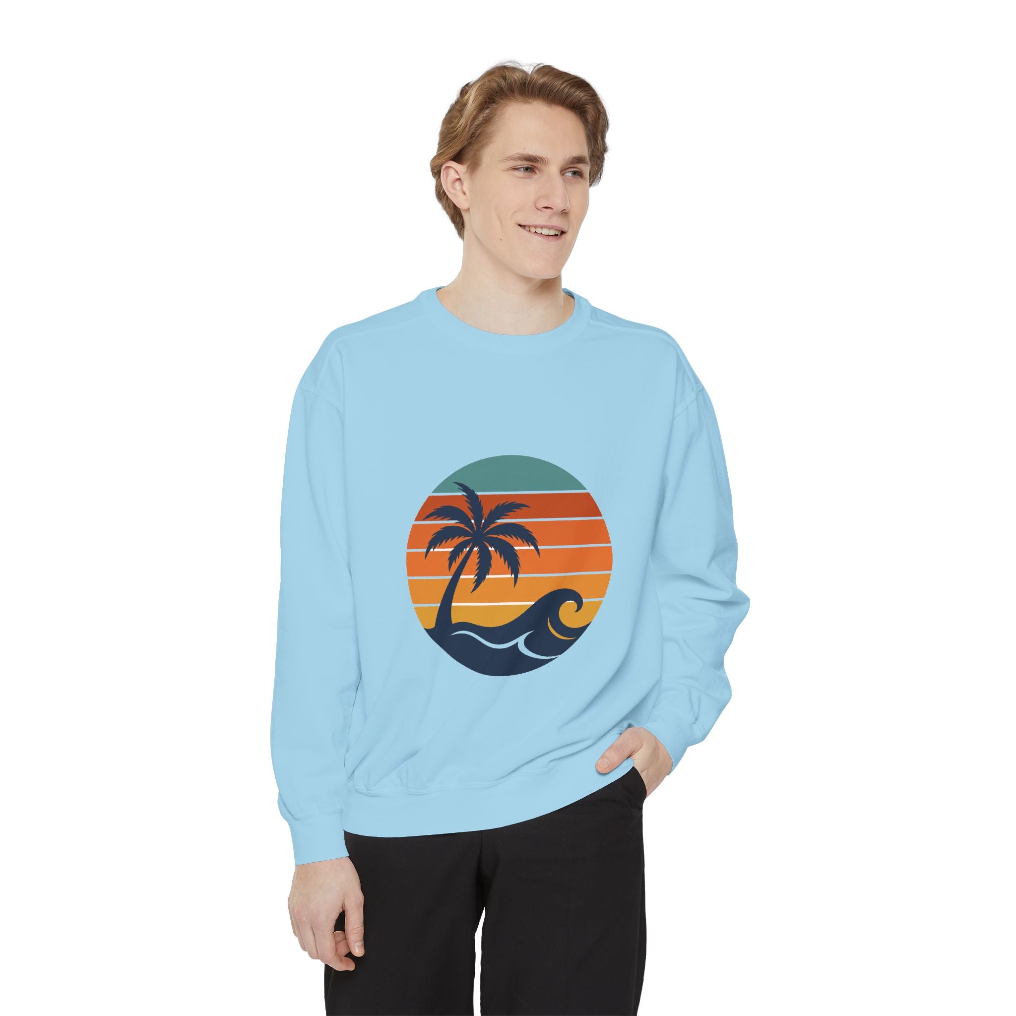 Retro Sunset Beach Shirt, Vintage Palm Tee, Ocean Surf Gift, 70s Coastal Landscape Sweatshirt